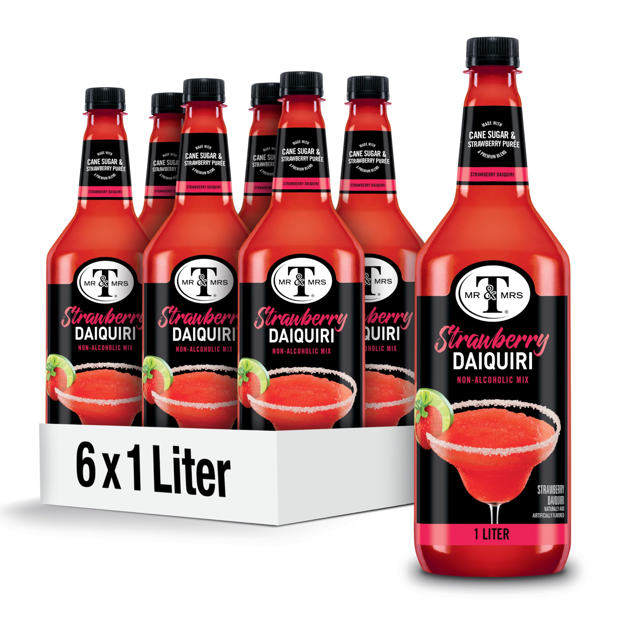 Mr & Mrs T Strawberry Daiquiri Margarita Mix, 1 L bottle (Pack of 6), Strawberry Flavored Cocktail Mixer, Made with Cane Sugar, Perfect for Strawberry Daquiri Margaritas and Mocktail Drinks