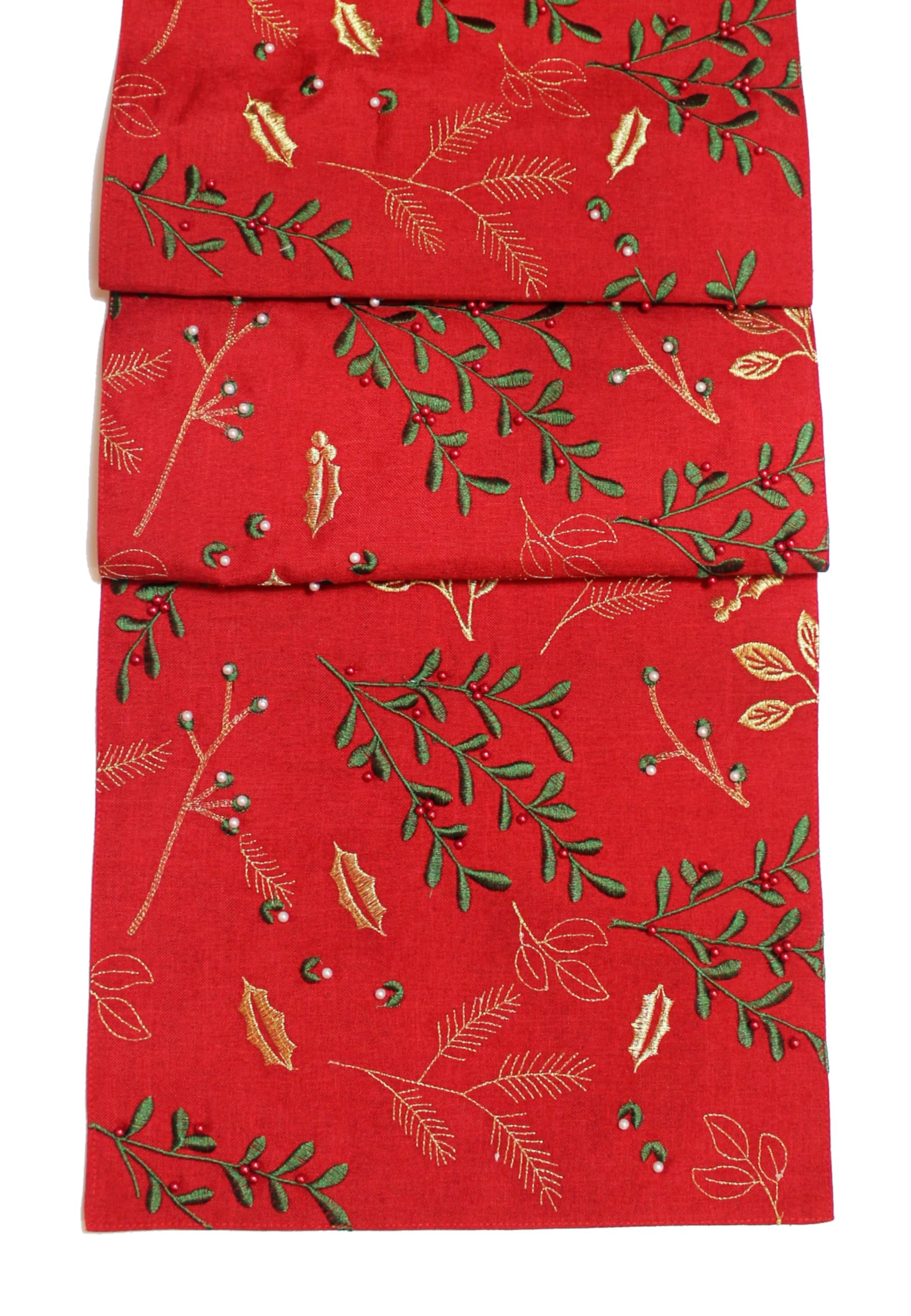 Peggy Wilkins Red/Multicolour Berry Beads Christmas Embroide Holly Leaves & Pine Branchs Table Runner 14" X 75"