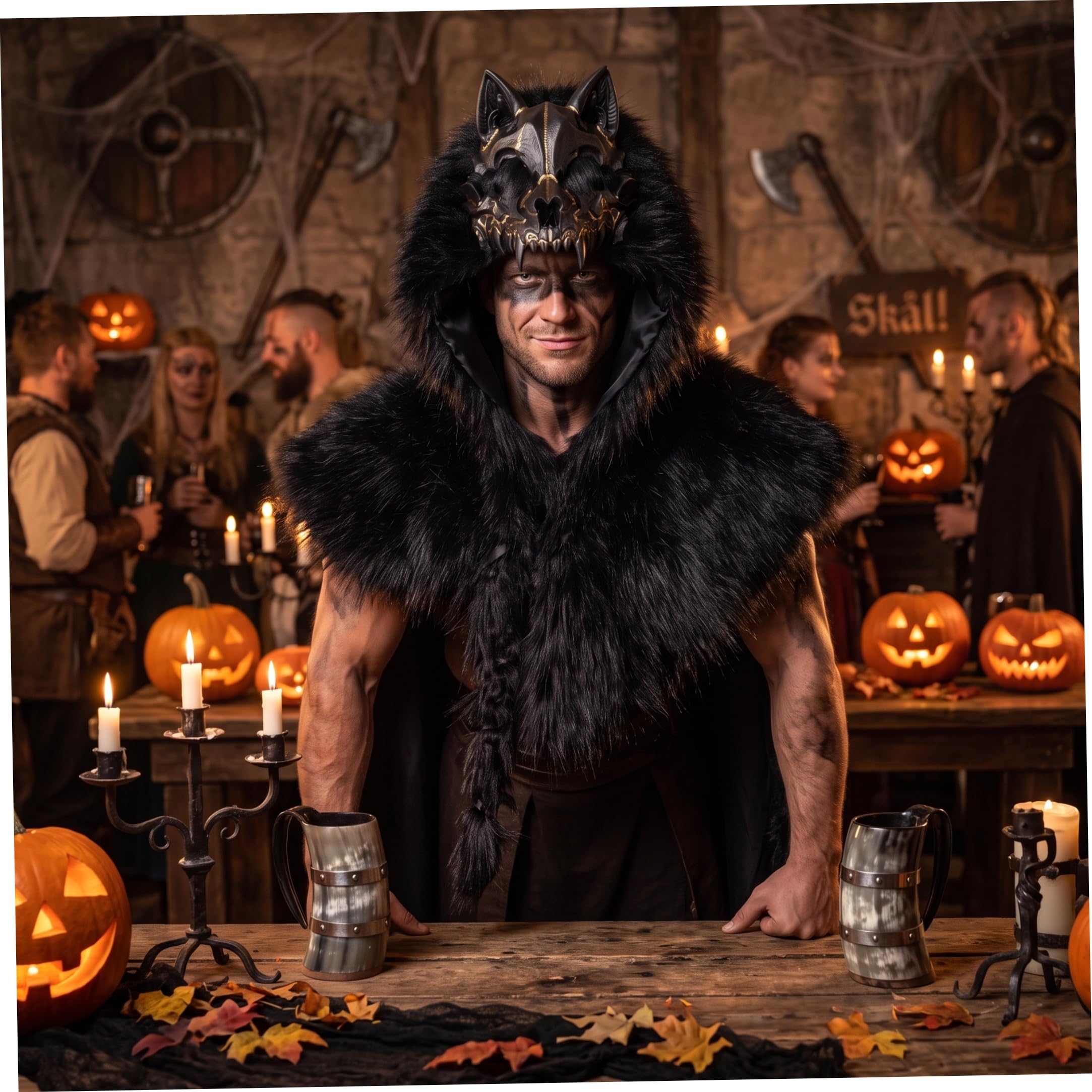 Costume di Halloween Costume da da vichingo Cosplay Mantello da spalla nero
