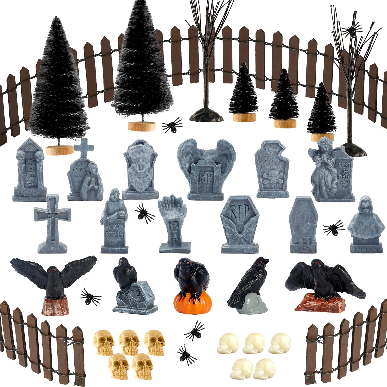 65 Pcs Halloween Village Accessories Set Miniature Tombstone Crow Figurines Mini Plastic Skulls Spiders Fence Bare Branch Trees Halloween Town Set for Mini Graveyard Scene Decor