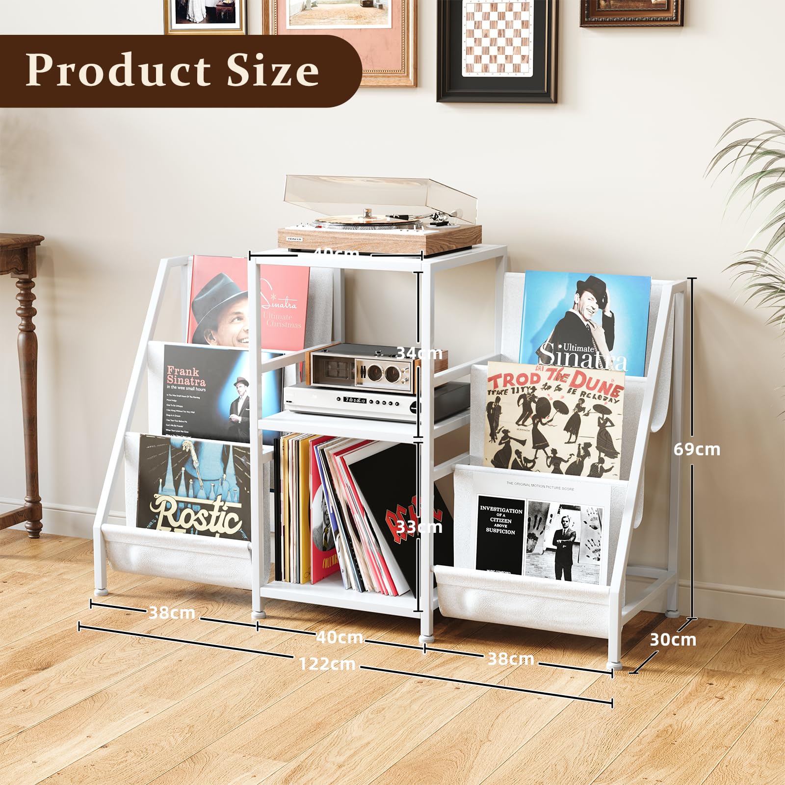 Soporte para tocadiscos blanco con 3 niveles, almacenamiento de vinilo para hasta 280 LPs, moderno soporte para discos de vinilo y mesa auxiliar para tocadiscos, diseño minimalista, estantería para