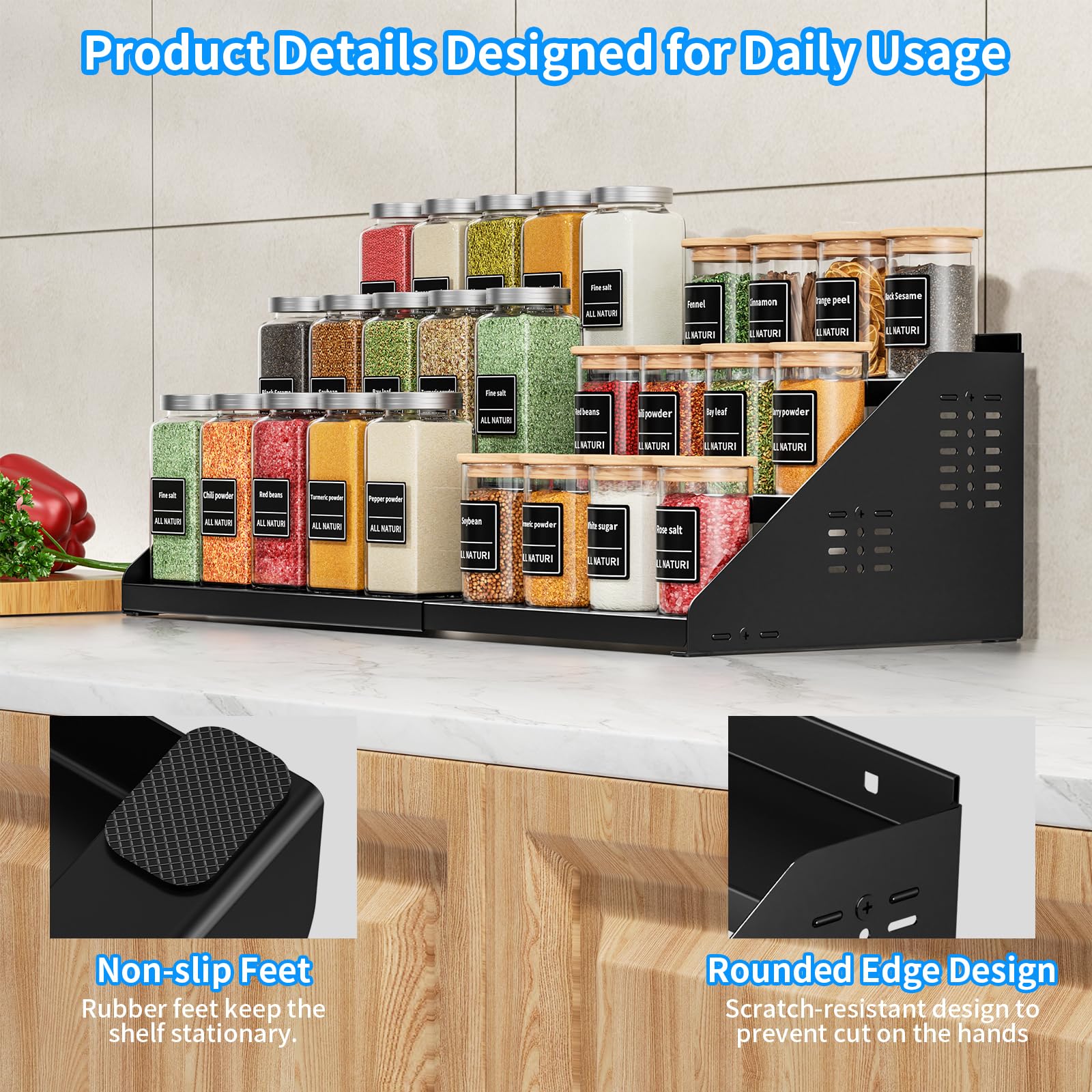BOIVSHI Étagère à épices extensible en largeur (Noire) – Rack de cuisine sans perçage pour organisation d'armoire
