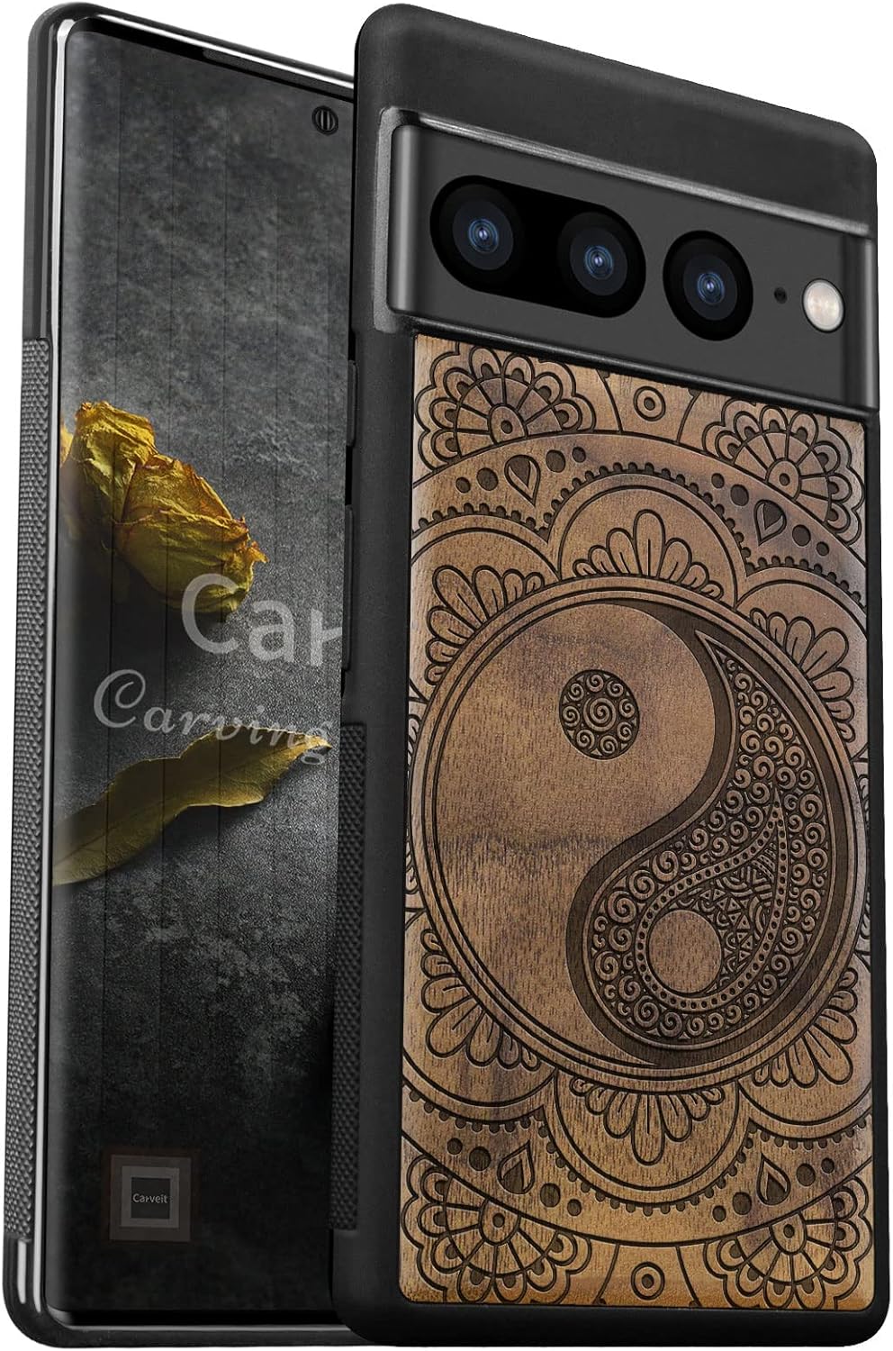 Carveit Wood Case for Pixel 7 Pro Case [Natural Wood & Black Soft TPU] Shockproof Protective Unique Wooden Cover Compatible with Google Pixel 7 Pro (Yin-Yang Mandala-Walnut)