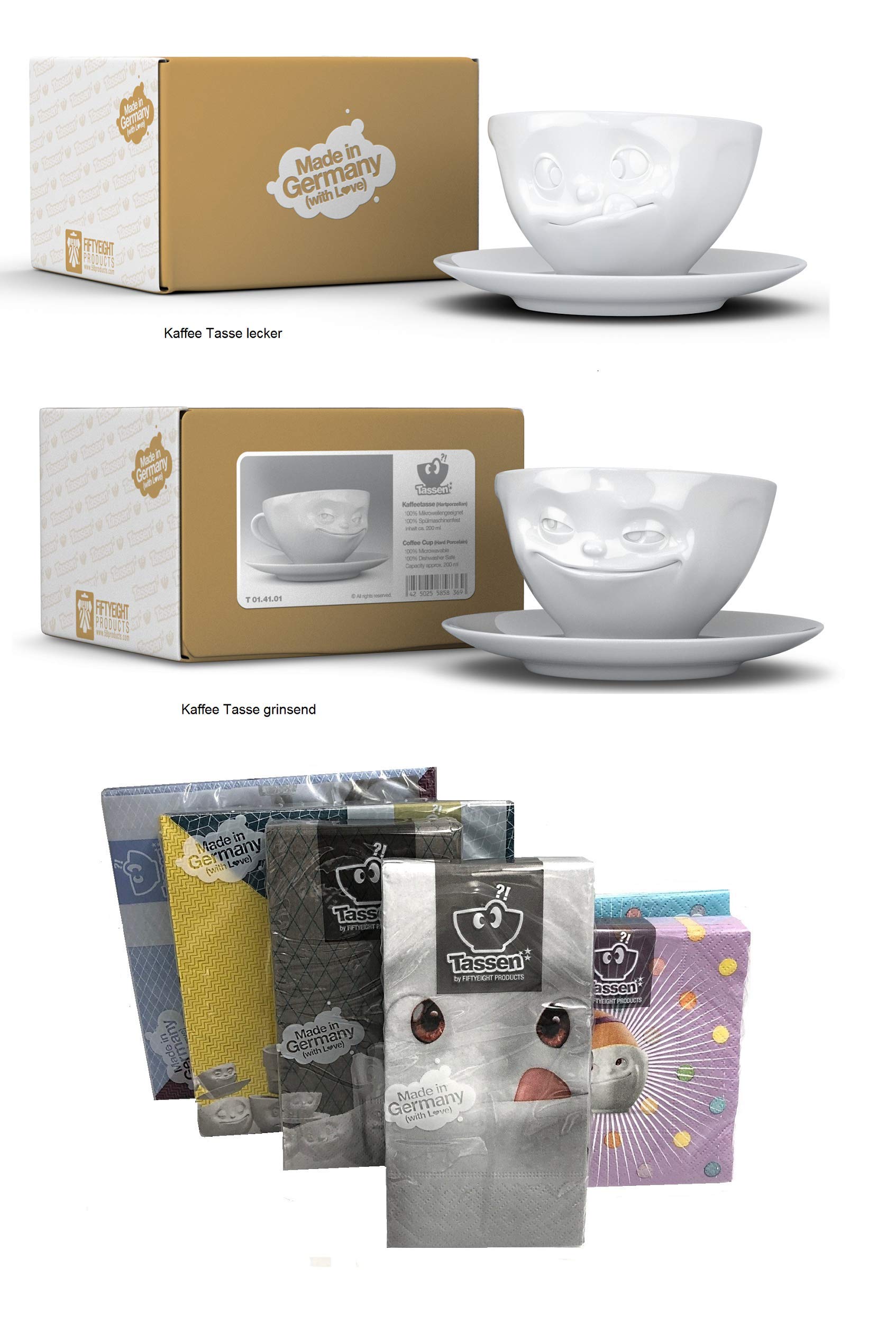 FIFTYEIGHT PRODUCTS Kaffeetassen 2er SET + Servietten, 200 ml, LECKER+GRINSEND