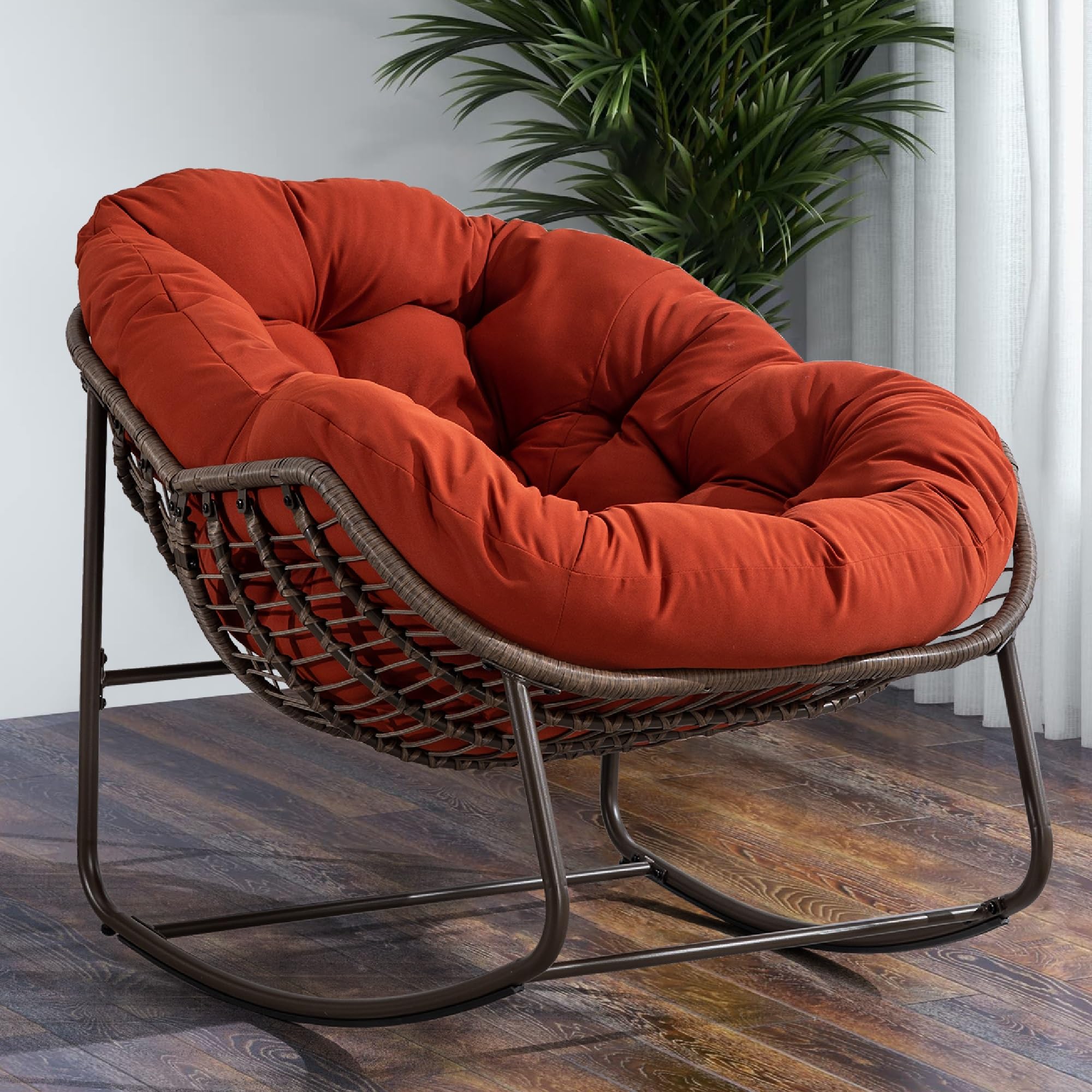 KEIKI Oversized Patio Lounge Chair-Outdoor Rattan Egg Reading Chair, Indoor Padded Cushion Papasan Rocking Chair W/Steel Frame, Porch Rocker Chairs
