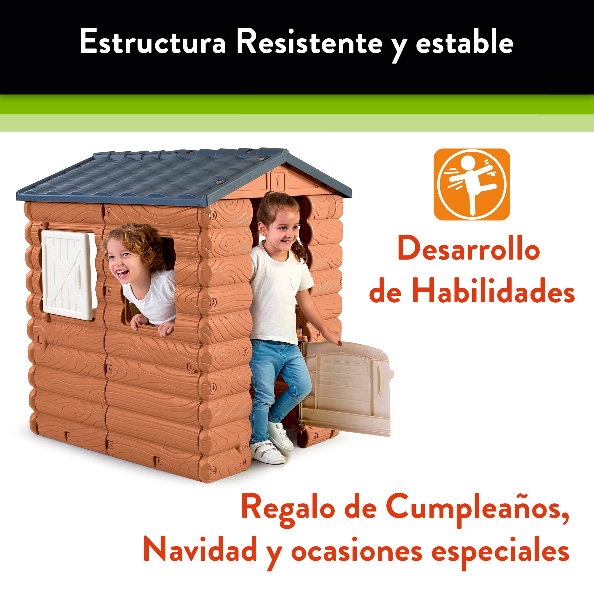FEBER Camping Cottage Cabaña de Juegos Casita de Juguete Madera Ventanas Puerta abatibles Niños 1 año