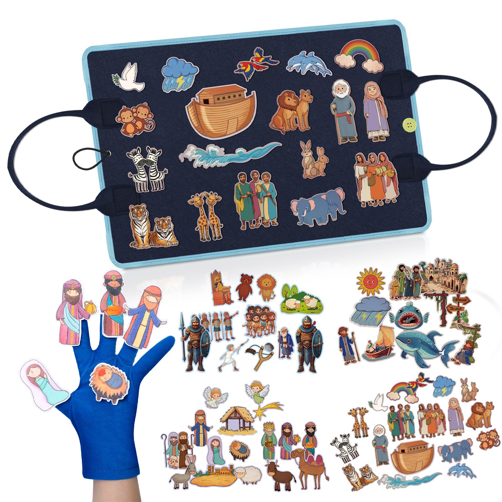 Hahafelt 6 Pcs Felt Board Bible Stories Set for Toddlers Flannel Board Stories for Preschool Kids with Gloves, Include The Nativity of Jesus, Noah's Ark, Jonah and The Whale, David and Goliath