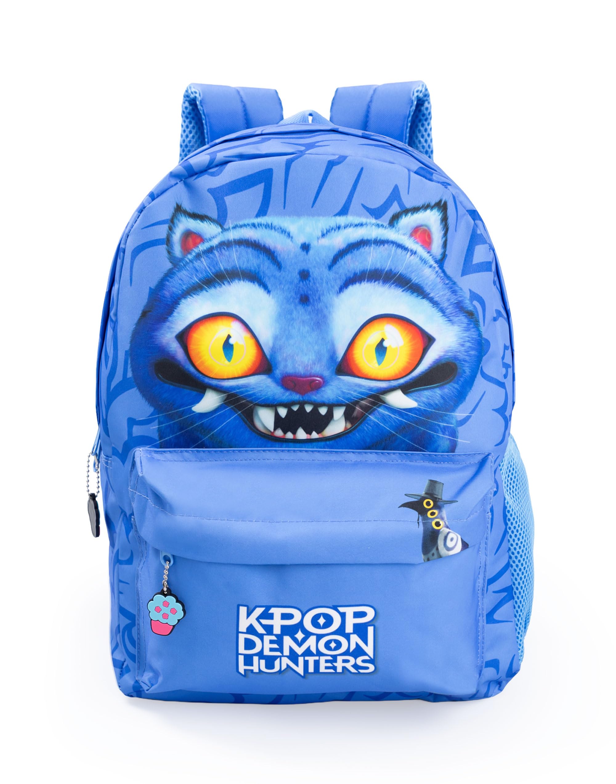 KPop Demon Hunters Mochila azul Derpy Tiger de K-Pop | Mochila escolar infantil con bolsillo frontal con cremallera | Correas acolchadas para los hombros y correa para el pecho | Merchandising
