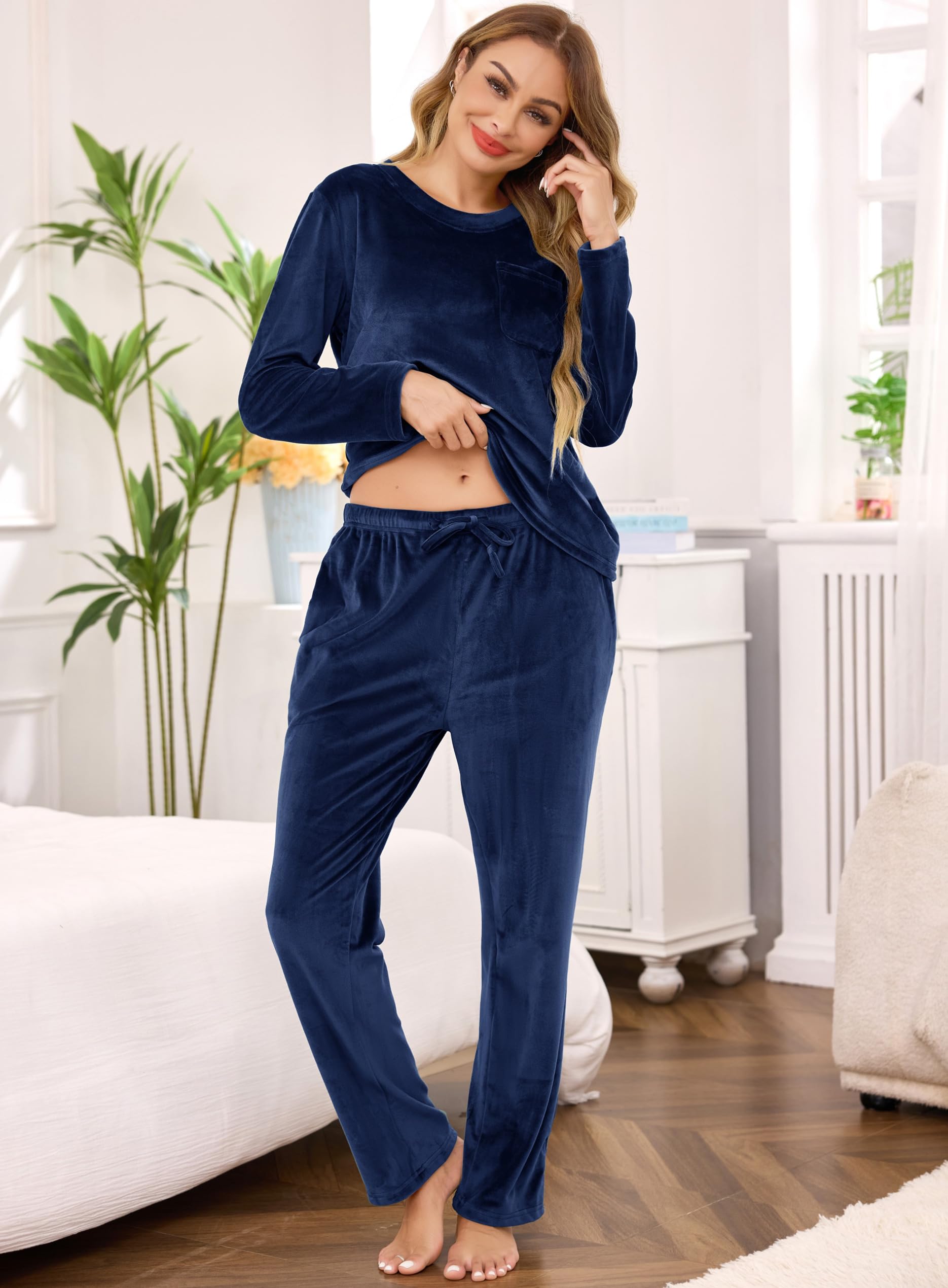 Lovasy Pyjama Femme en Polaire Douce Ensemble de Pyjama Hiver Chaud | et Moelleux Col Rond Vêtements de Nuit à Manches Longue avec Poches