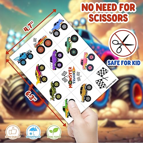 Miniatura 5 de 8 hojas (96 piezas) Monster Truck Tatuajes temporales para niños, suministros de fiesta de cumpleaños, recuerdos de tatuajes falsos súper lindos,
