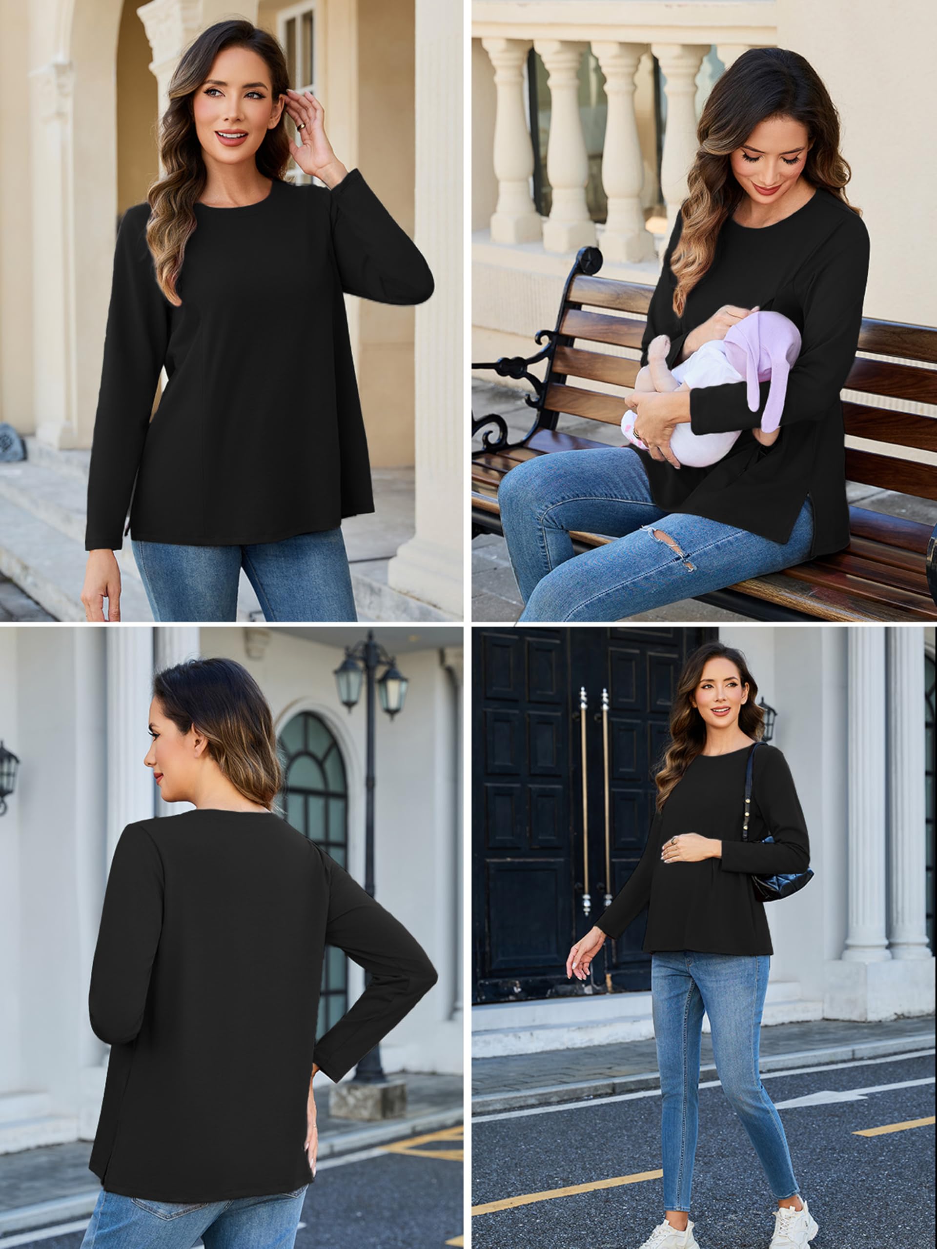 Confezione da 3 magliette da allattamento da donna con chiusura lampo, a maniche lunghe, abbigliamento premaman invernale