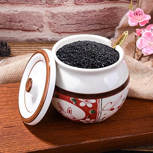 Miniatura 10 de Tarro de especias de cerámica de estilo japonés con tapa y cuchara de acero inoxidable - Bonito diseño de conejo, almacenamiento hermético de