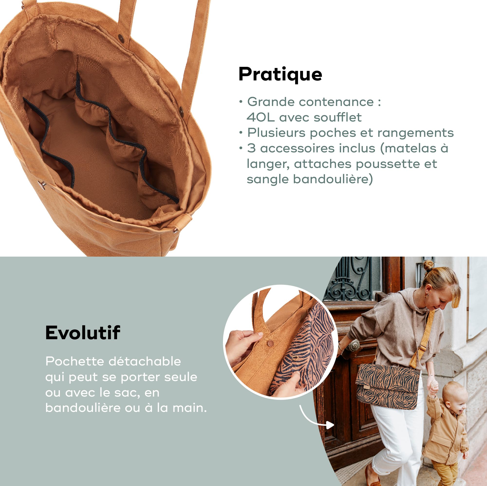 Babymoov Sac (à langer) Tote Bag, Sac Cabas Grand Format 40L, Multiusages, Nombreuses Poches, Matelas à Langer, Attaches Poussette, Bandoulière,Pochette Amovible