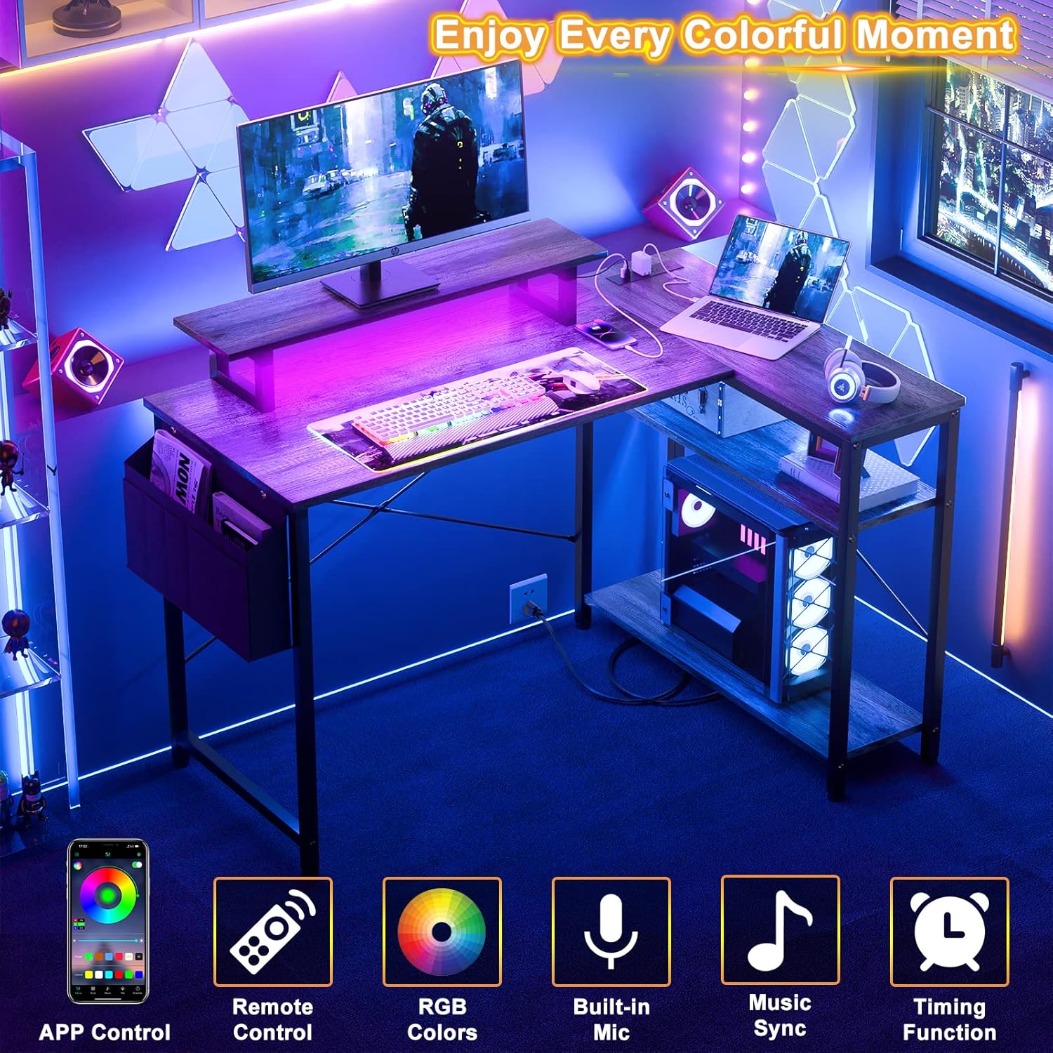 Homieasy L-Shaped Desk with LED lighting and control options