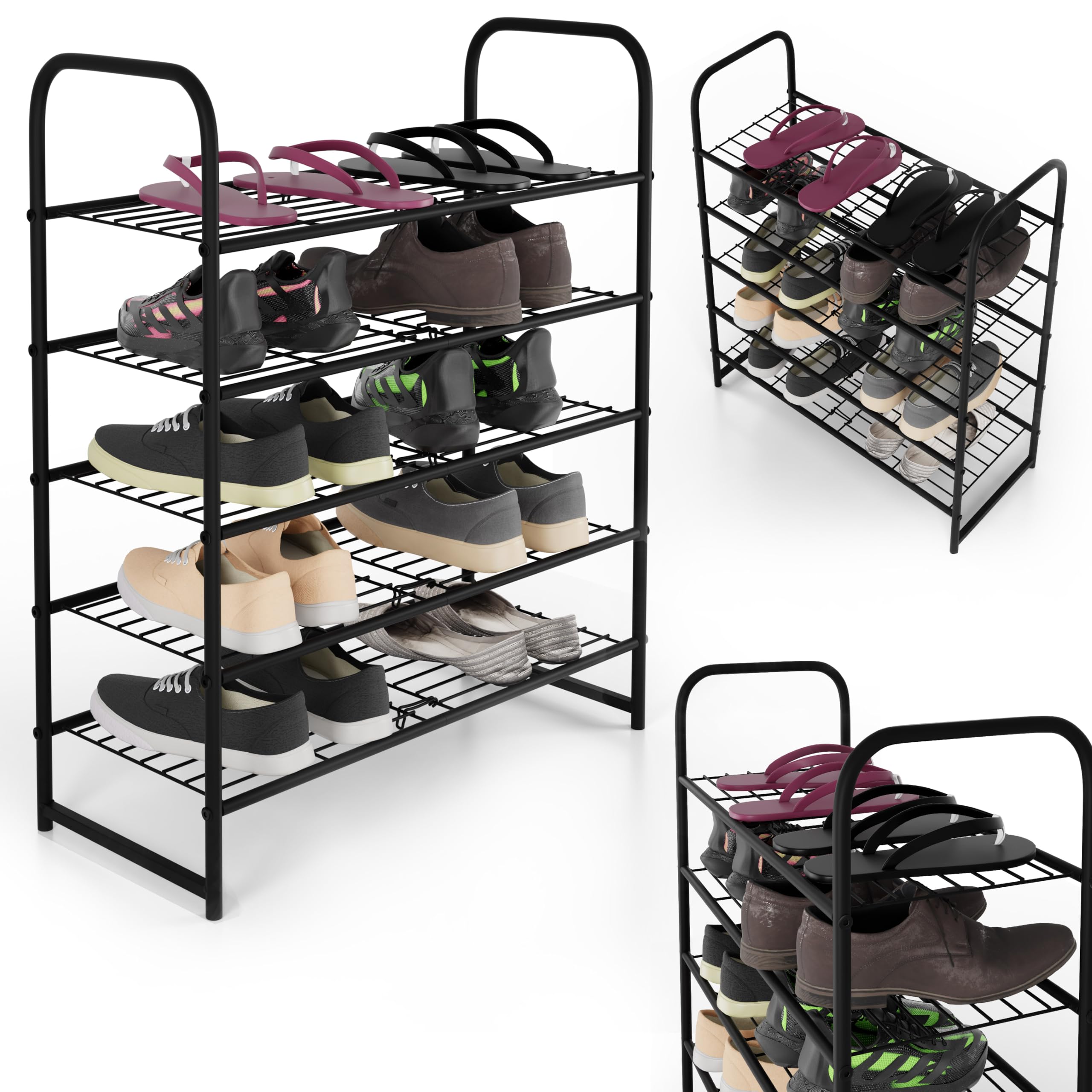 Lenmar, SHM 5, Schuhregal mit 5 Ebenen, Schuhschrank, Schuhaufbewahrung, Schuh-Organizer für 12-15 Paar, Metall, schmal, Ständer, schwarz, Schuhaufbewahrung, Wohnzimmer, Schlafzimmer
