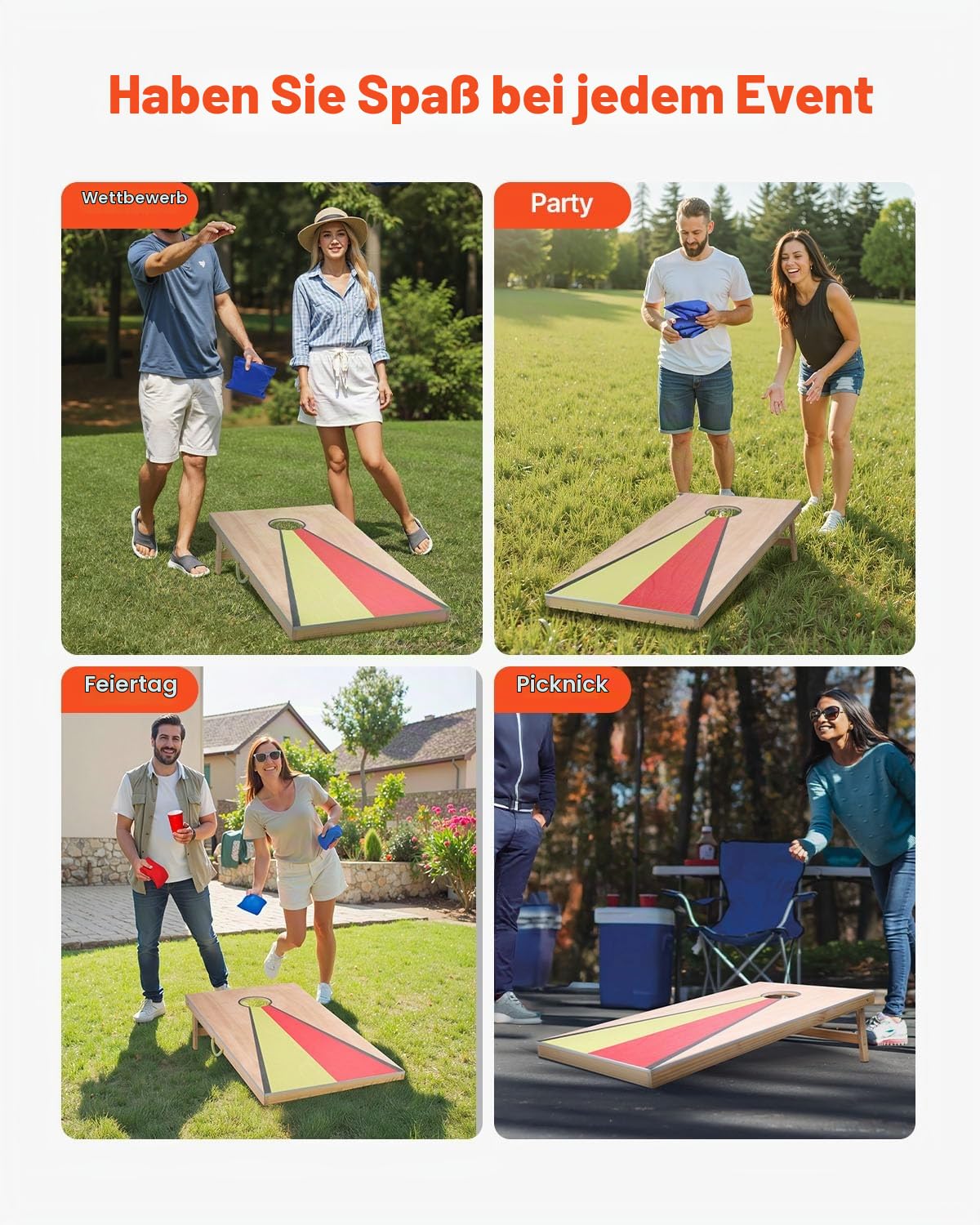 VEVOR Cornhole Spiel Set (1255 x 600 x 302 mm) Cornhole-Spielbretter, tragbares Wurfbrett aus Massivholz, Cornhole-Spiel für Erwachsene, inkl. 8 Sitzsäcken & Griff, für Garten Hinterhof Camping