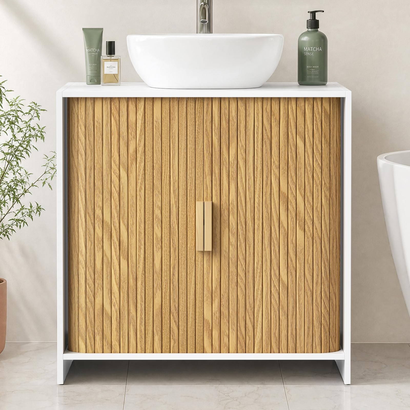 Mobile sottolavabo in legno con porta arrotolabile, per il bagno