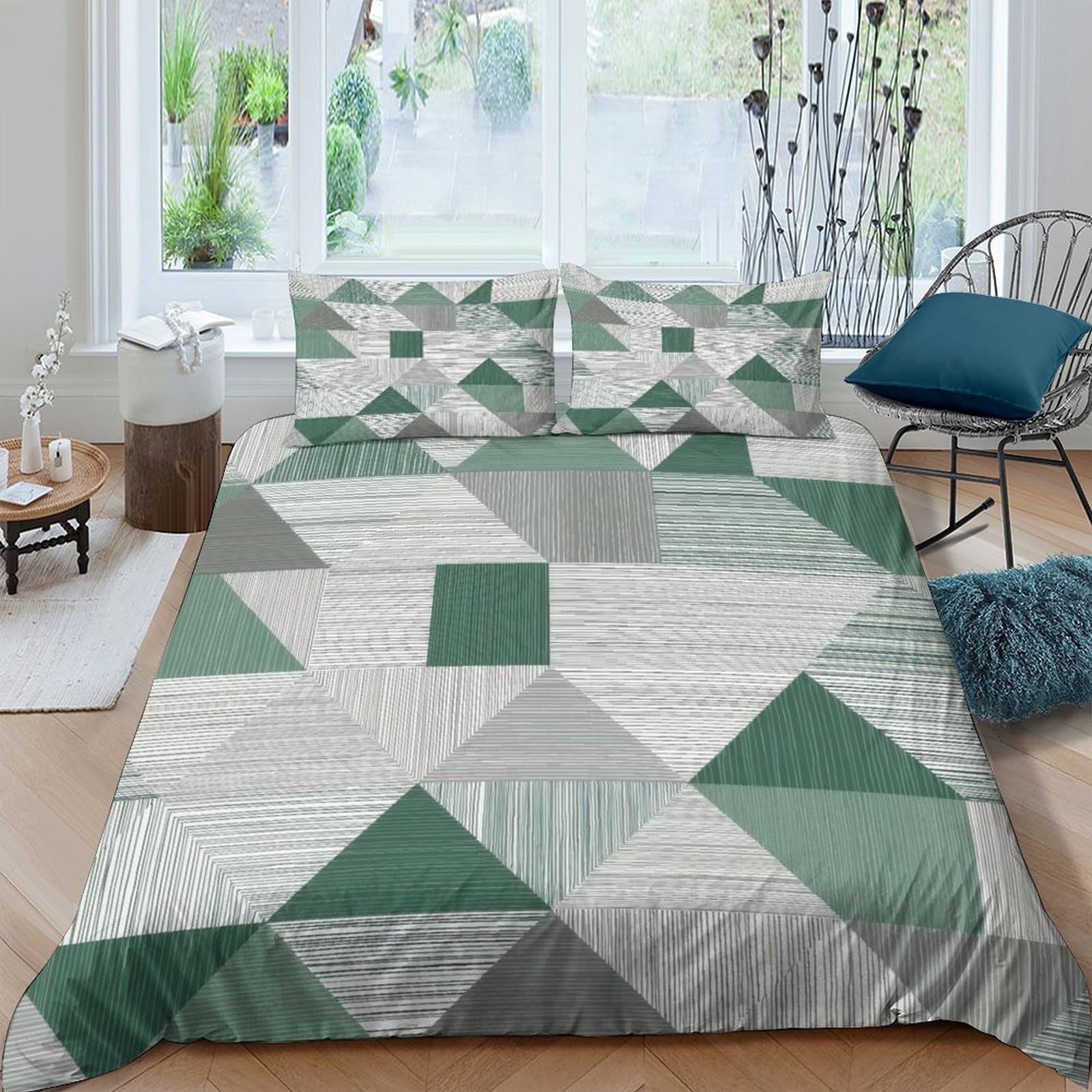 GPLZQXKJNH 3D Printed Geometric Green Duvet Cover Microfiber Bedding Set with 2 Pillowcases, Modern Abstract Quilt Cover for Bedroom, Rental, Dorm Single（135x200cm）