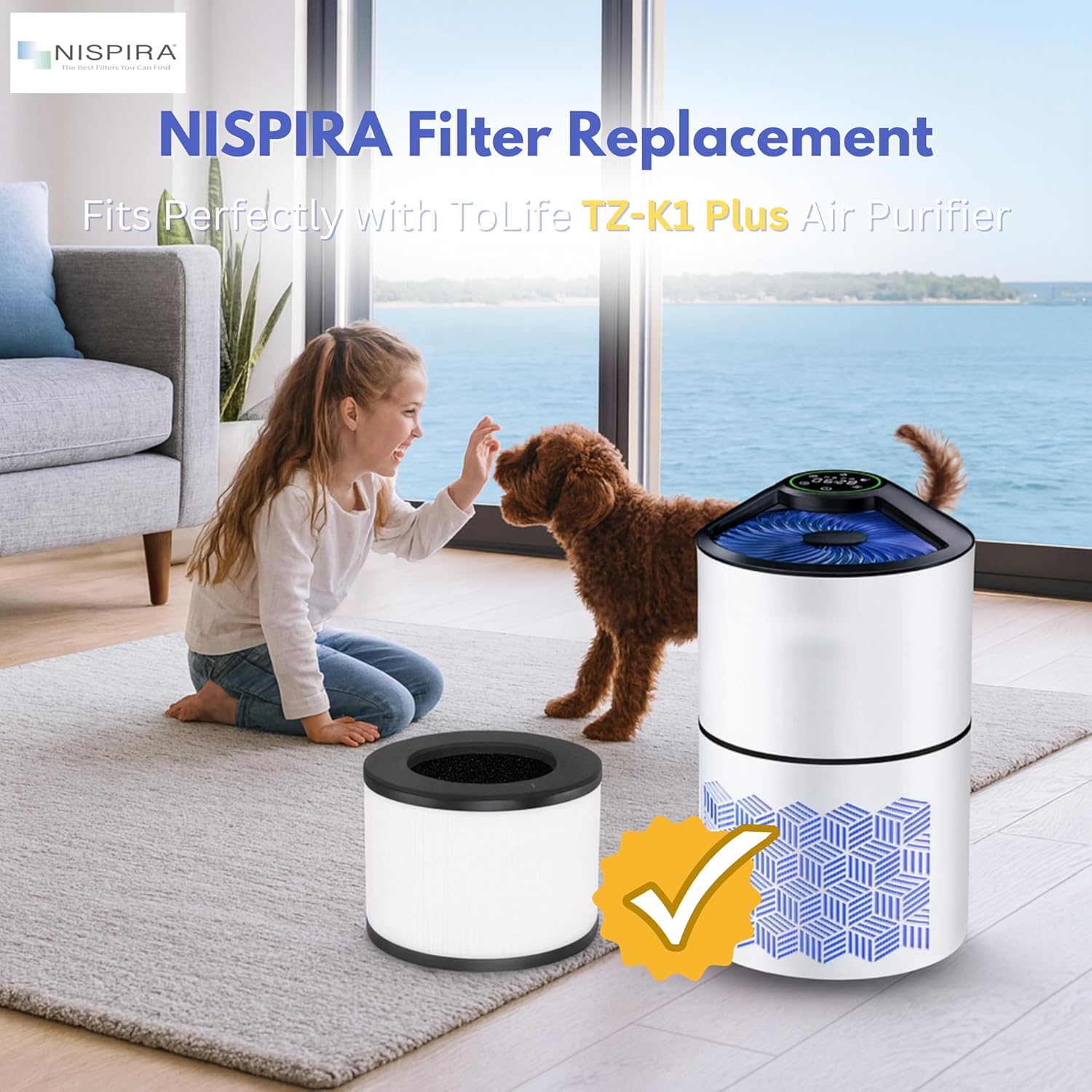 Nispira TZ-K1 Plus Replacement Filter Compatible with ToLife TZ-K1 Plus Air Purifiers Large Room 1291 Sq ft Size 7"L x 8"W x 8"Th, 2 Packs - Image 2