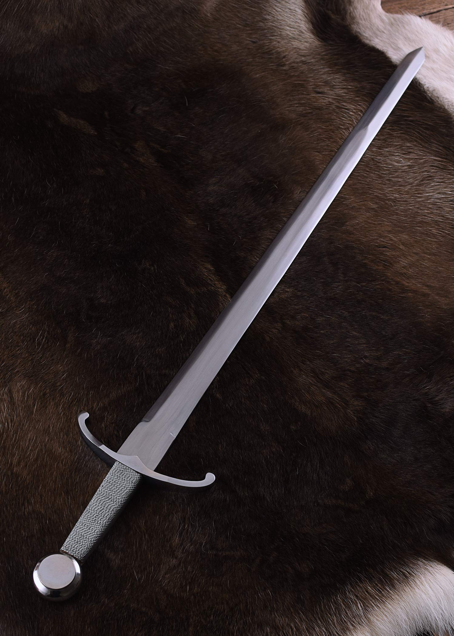 Battle-Merchant Mittelalterliches Schwert aus Stahl, 93 cm, ungeschärft | Templer, Ritter, Einhänder, mit Kreuz-Parierstange, Ledergriff, Historisches Sammlerstück & Dekoration, ab 18