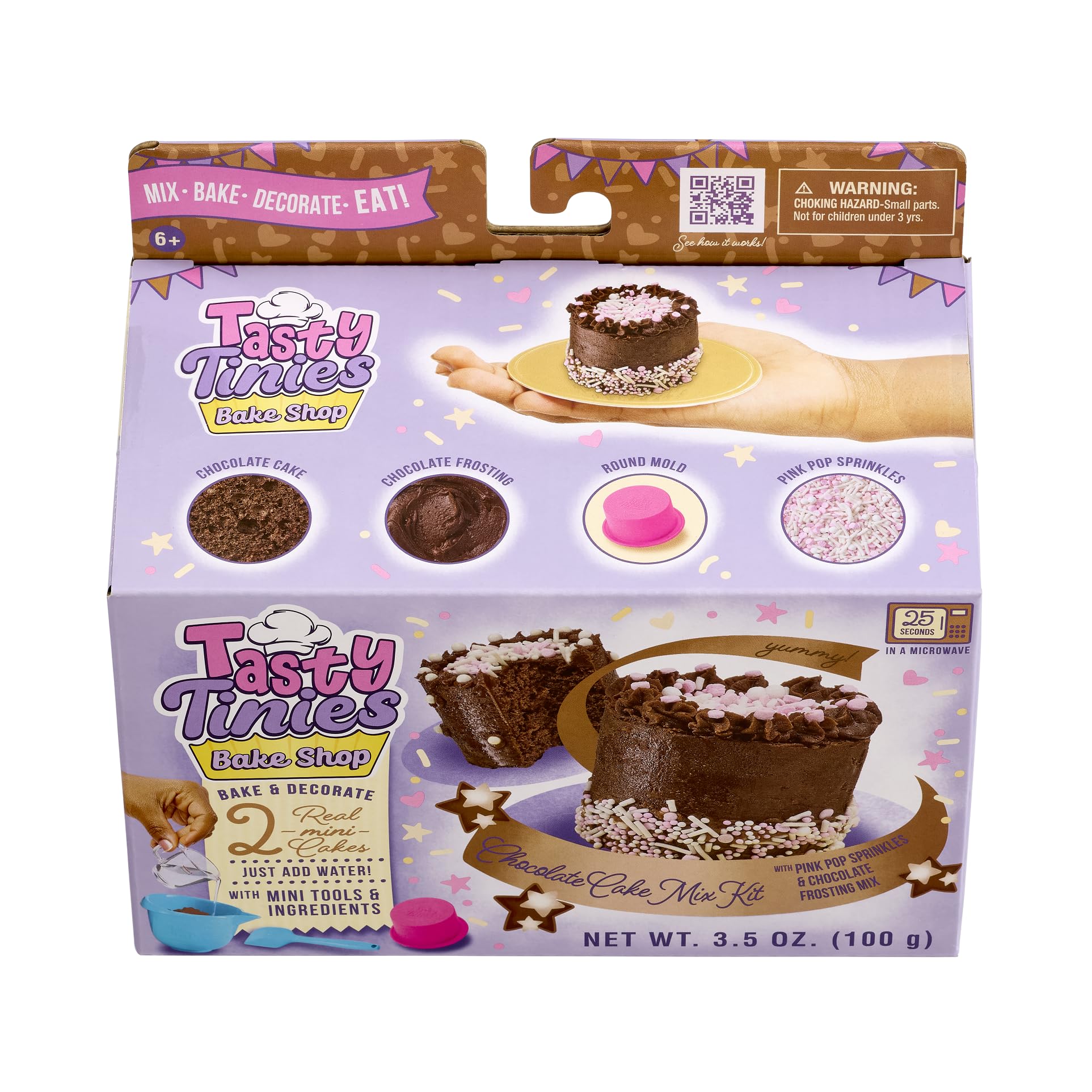 Tasty Tinies Bake Shop Chocolate Cake Mix Kit with Pink Pop Sprinkles & Chocolate Frosting Mix | Bake & Decorate 2 Real Mini Cakes | Includes Mini Tools & Ingredients | Ages 6+