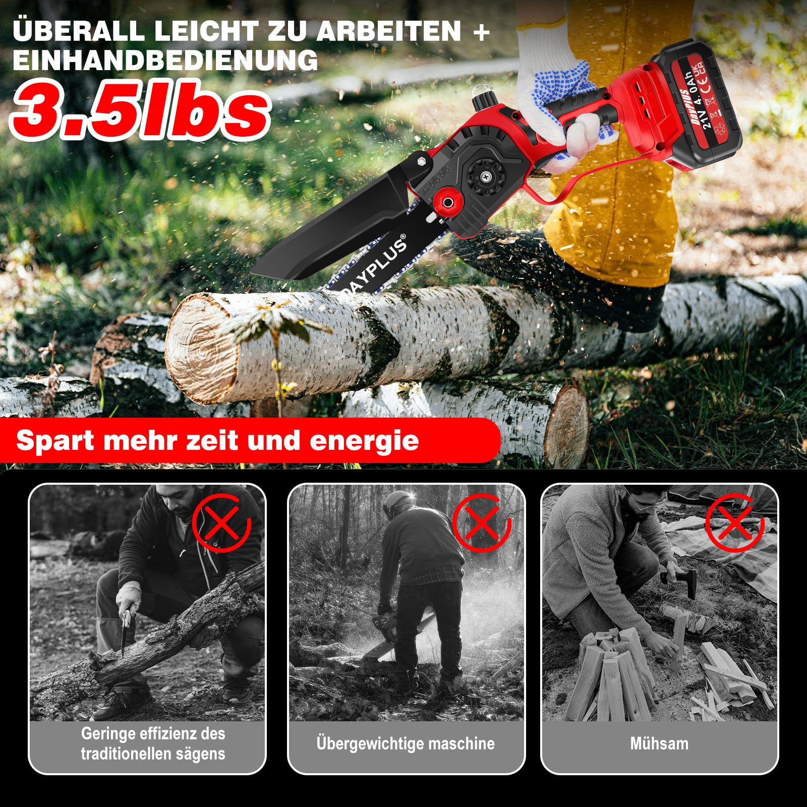Motosierra sin cable de 8 pulgadas, motosierra manual sin escobillas con 2 baterías de 4000 mAh, cerradura de seguridad, motosierra eléctrica ligera para cortar madera, poda de árbol, 47,5 x 11,5 x