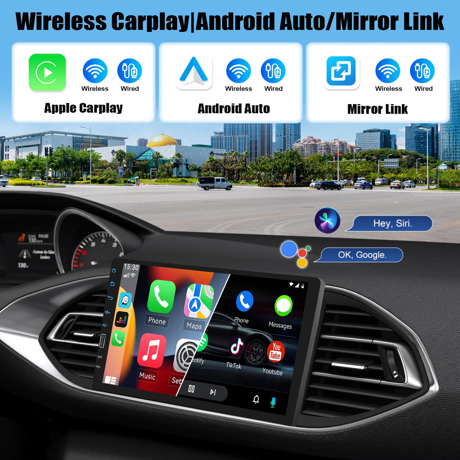 CAMECHO Autoradio 1 Din con Senza Fili Carplay Android Auto Schermo 9 Pollici Bluetooth Radio Touch Display con Telecamera Posteriore Mirror Link FM SWC USB Comandi al Volante