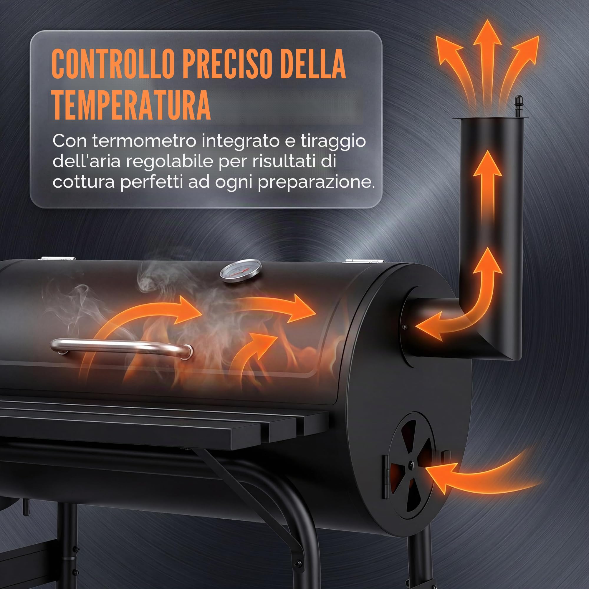 Barbecue a carbonella con 2 camere, carrello per barbecue con termometro, affumicatore per grigliare e affumicare indirettamente, barbecue da giardino con ripiani, nero