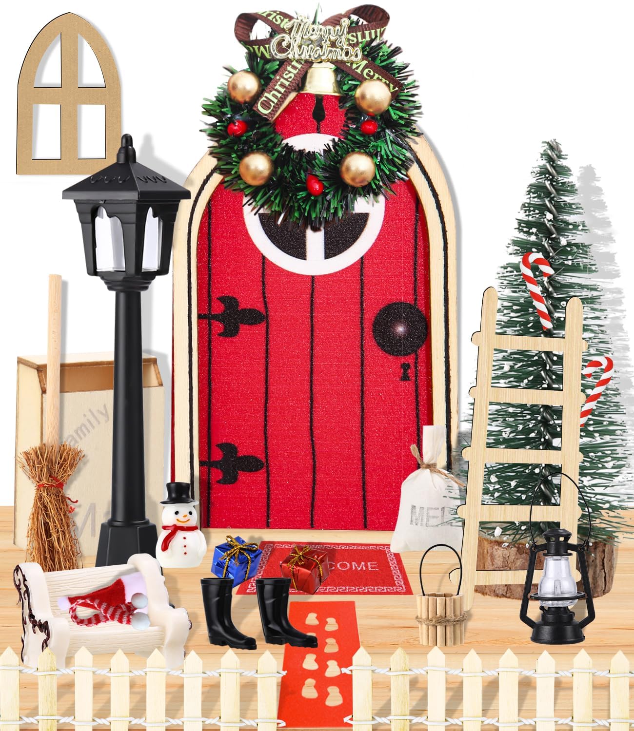 SOBEAU Puerta Elfo Navidad Accesorios, 25pcs Puerta de Elfo Navidad Set, Duende Elfo Gnomos Navidad Miniatura, Decoración Adornos Puerta Navidad con ÁRbol de Navidad en Guirnalda para Niños