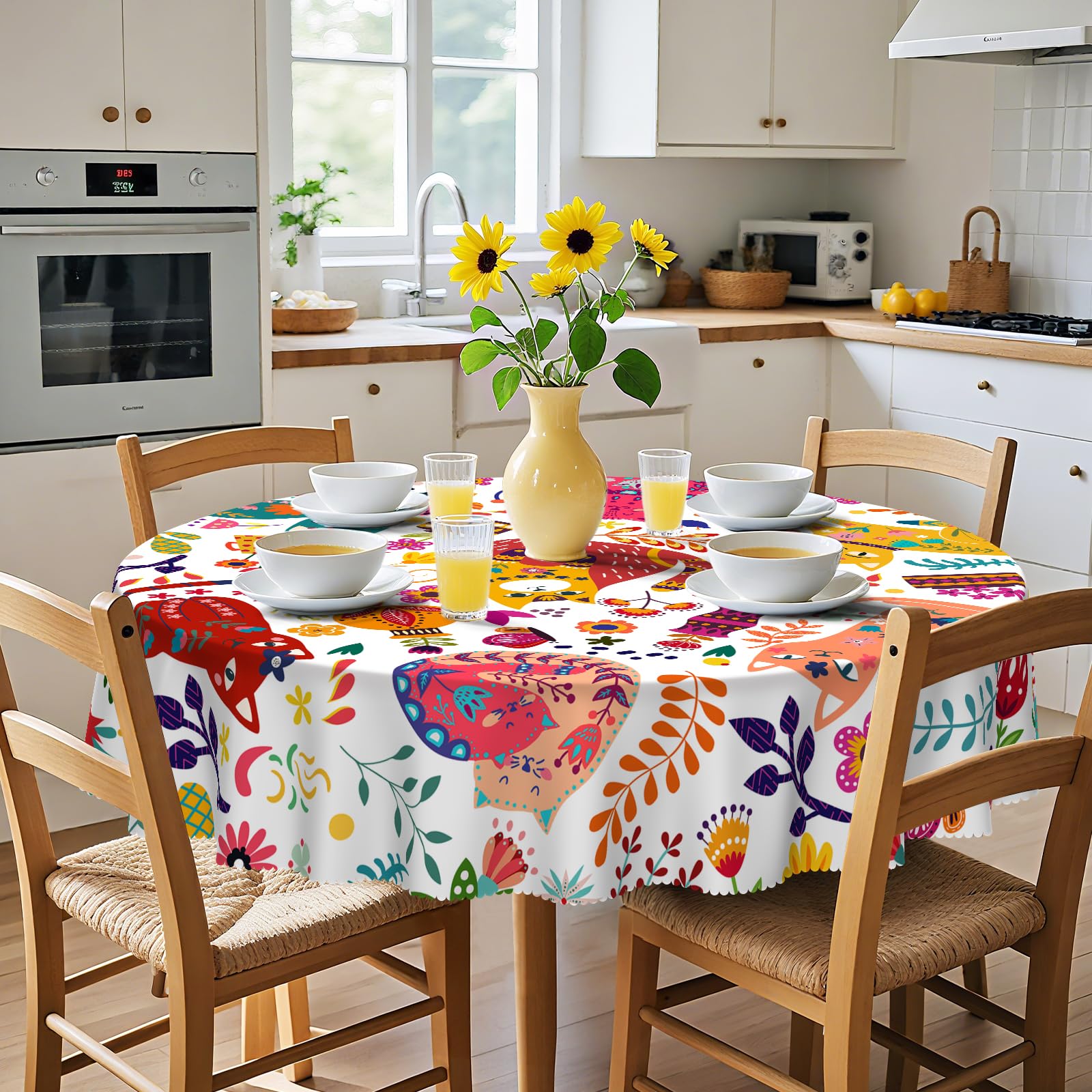 Eikione Round Cat Tablecloth 70 in, Floral Coffee Table Cover Waterproof Fabric, Wipeable Table Cloth for Birthday Party — image 1