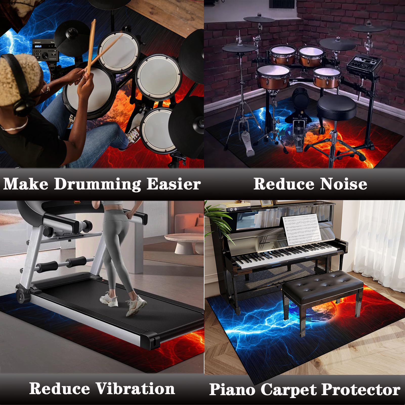 Tappetino Insonorizzato, Tappeto per Batteria 120 x 80 cm, Drum Carpet per Batteria Elettronica, Assorbimento degli Urti Antiscivolo Pad, Drum Tappeto, Insonorizzato Tappeto Batteria, Tappeto Drum