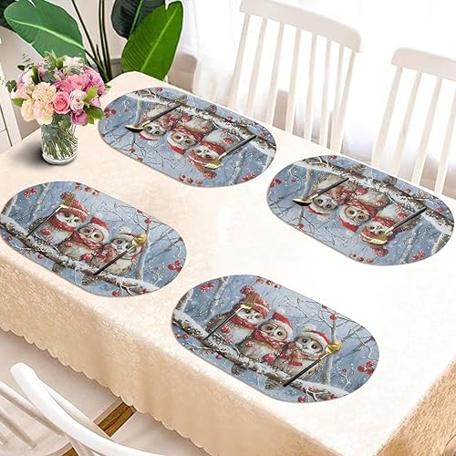 Miniatura 6 de Washable Placemats Set of 6 Winter Owl Round Placemats Xmas Place Mats Washable Placemat Christmas Oval Table Mat for Kitchen Dining Table Holiday