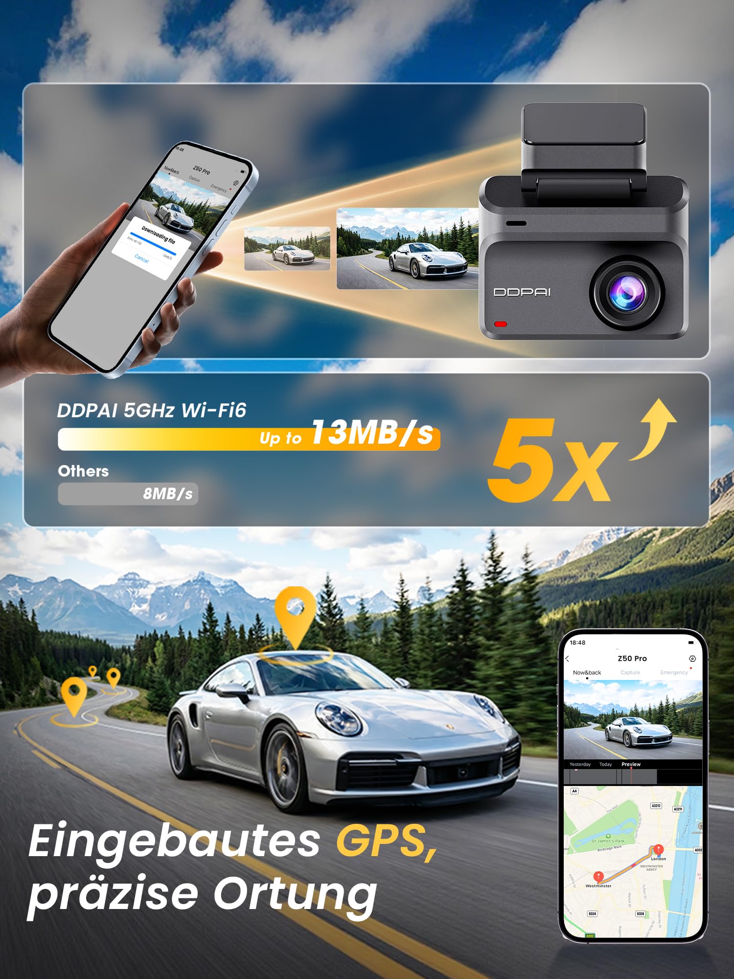 DDPAI Z50 Pro Dashcam Auto Vorne Hinten 4K+1080P, 3" IPS/5G WiFi6/GPS/ADAS