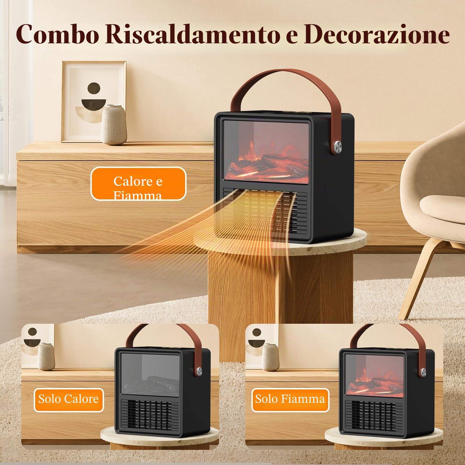 Minthouz Termoventilatore Elettrico 1200W/800W con Effetto Fiamma 3D, Termostato Regolabile, Sicuro, Basso Rumore, Protezione da Surriscaldamento e Ribaltamento, per Camera da Letto e Ufficio