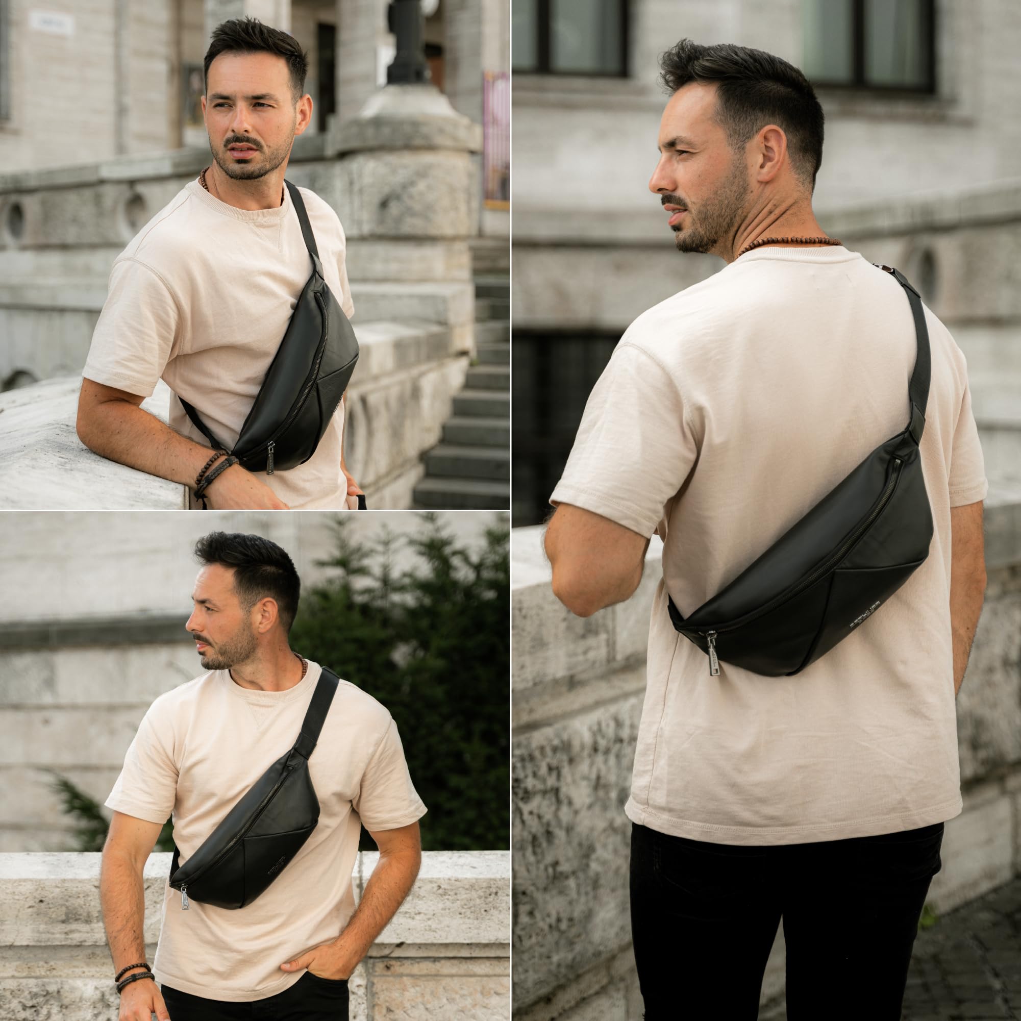 Berliner Bags Premium Bauchtasche Feline, Umhängetasche aus Leder, Crossbody Tasche, Gürteltasche für Damen und Herren - Schwarz
