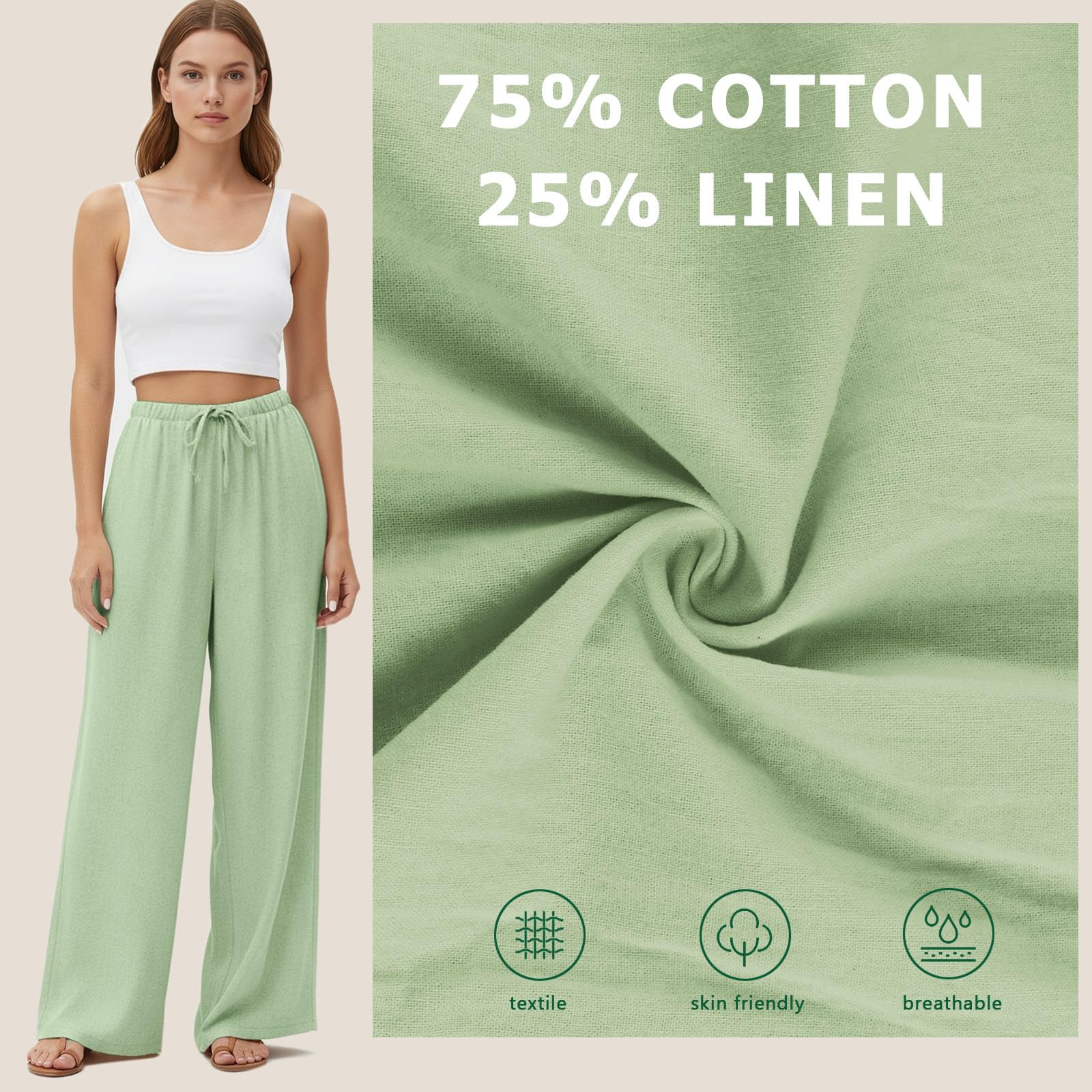 Pantalones Palazzo Mujer Lino Verano Elásticos Anchos con Bolsillos