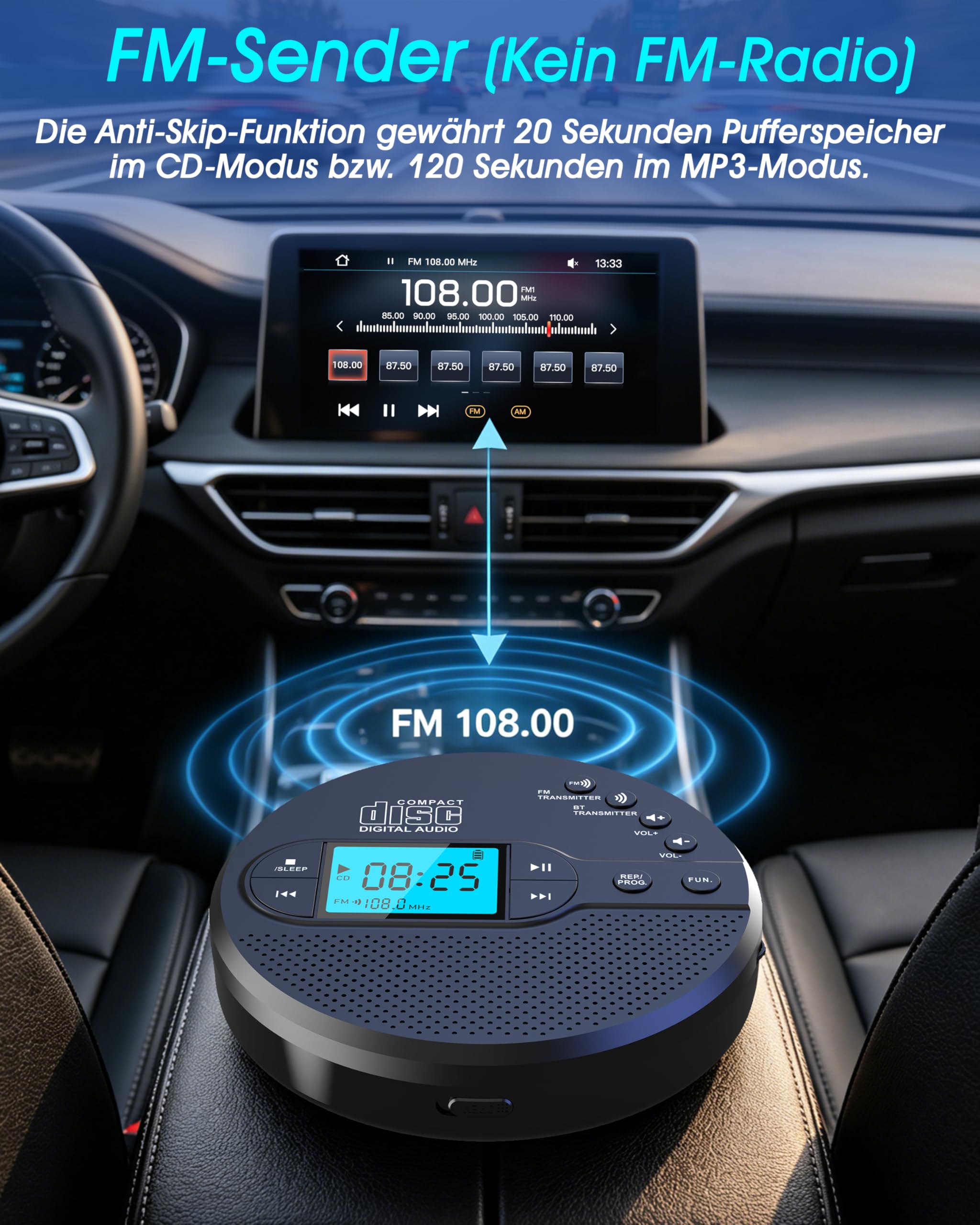 NEU Bluetooth CD Player Tragbar, Greadio Discman CD Player mit 2000mAh Wiederaufladbarer, Kompatibler FM-Transmitter, USB, AUX-Ausgang, CD Spieler mit Kopfhörer und Anti-Skip/Stoßfest