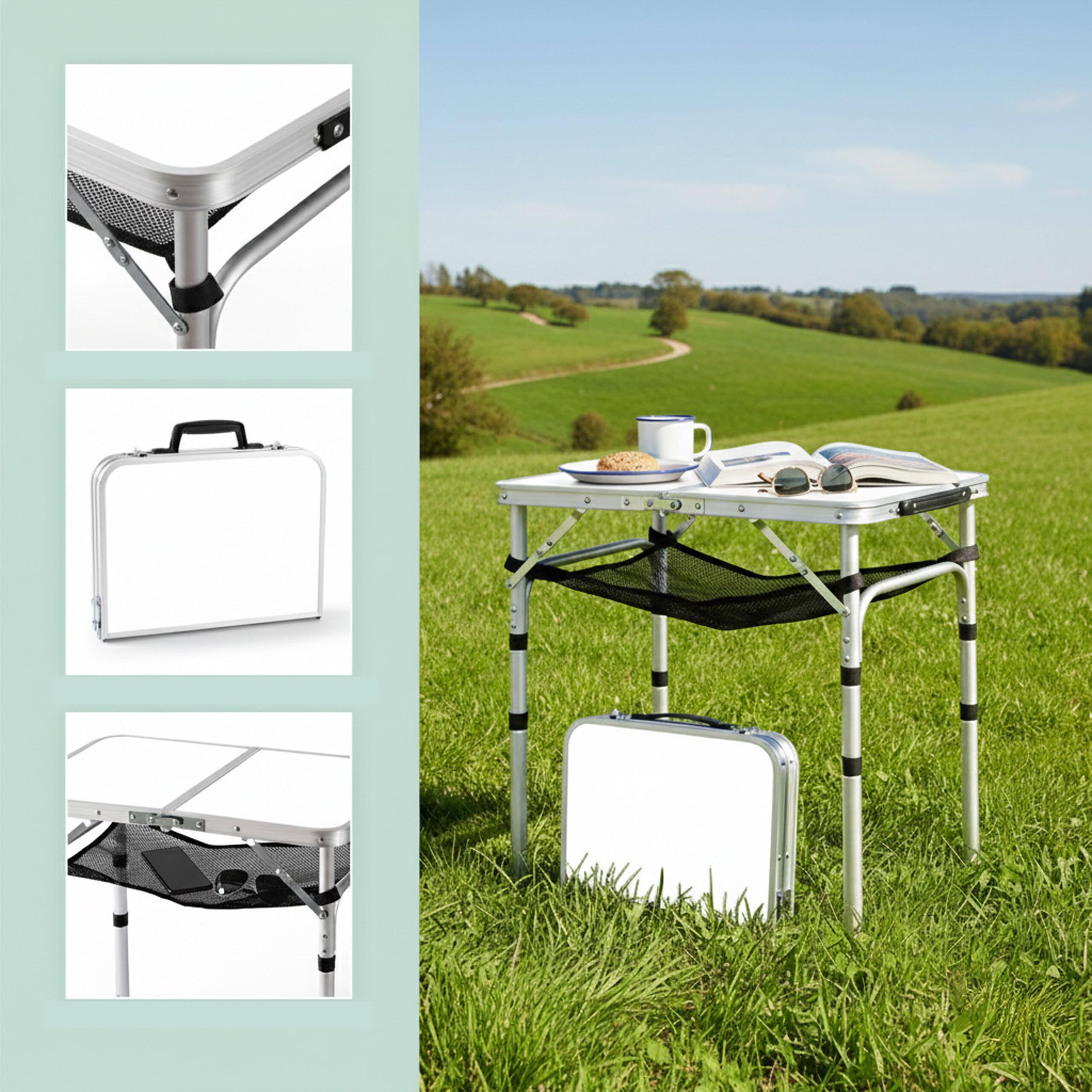 Relaxdays Table de Camping Pliante en Aluminium/MDF, Hauteur réglable, Anti-intempéries, 60x60x40 cm Blanche