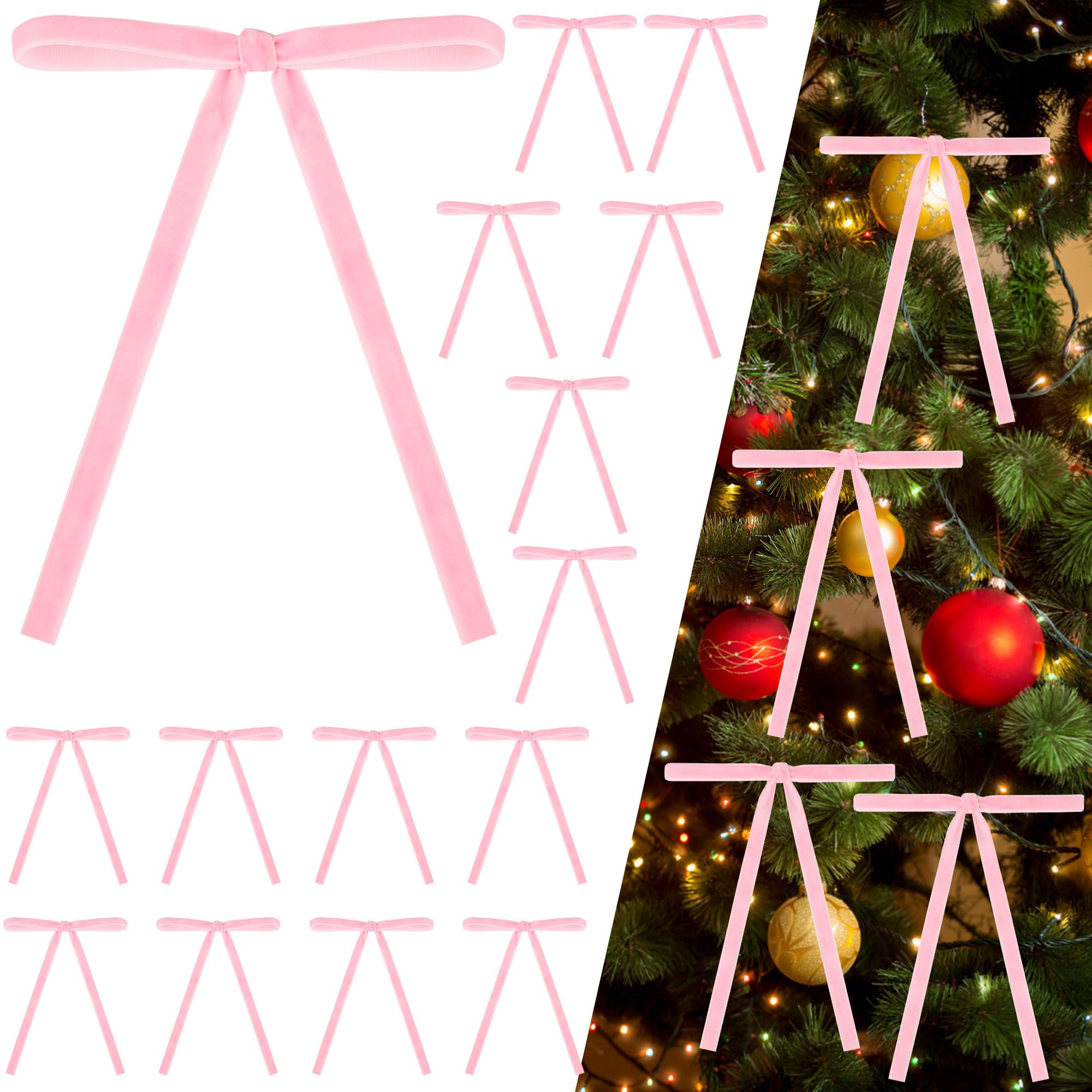 Manjonzic Pink 24Pcs Velvet Ribbon Bows For Christmas Tree - Vintage Decor, Door Garland, Wreath Decorations, Home & Wedding Decoration - Clear Twist Tie, 5X7 Inch, 3/8'' Width