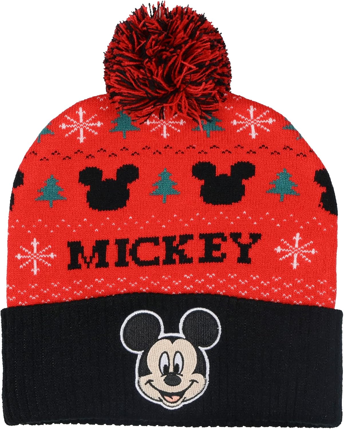 Disney Mickey Mouse Beanie Fair Isle Knit Design Cuffed Winter Hat with Pom Multicolored