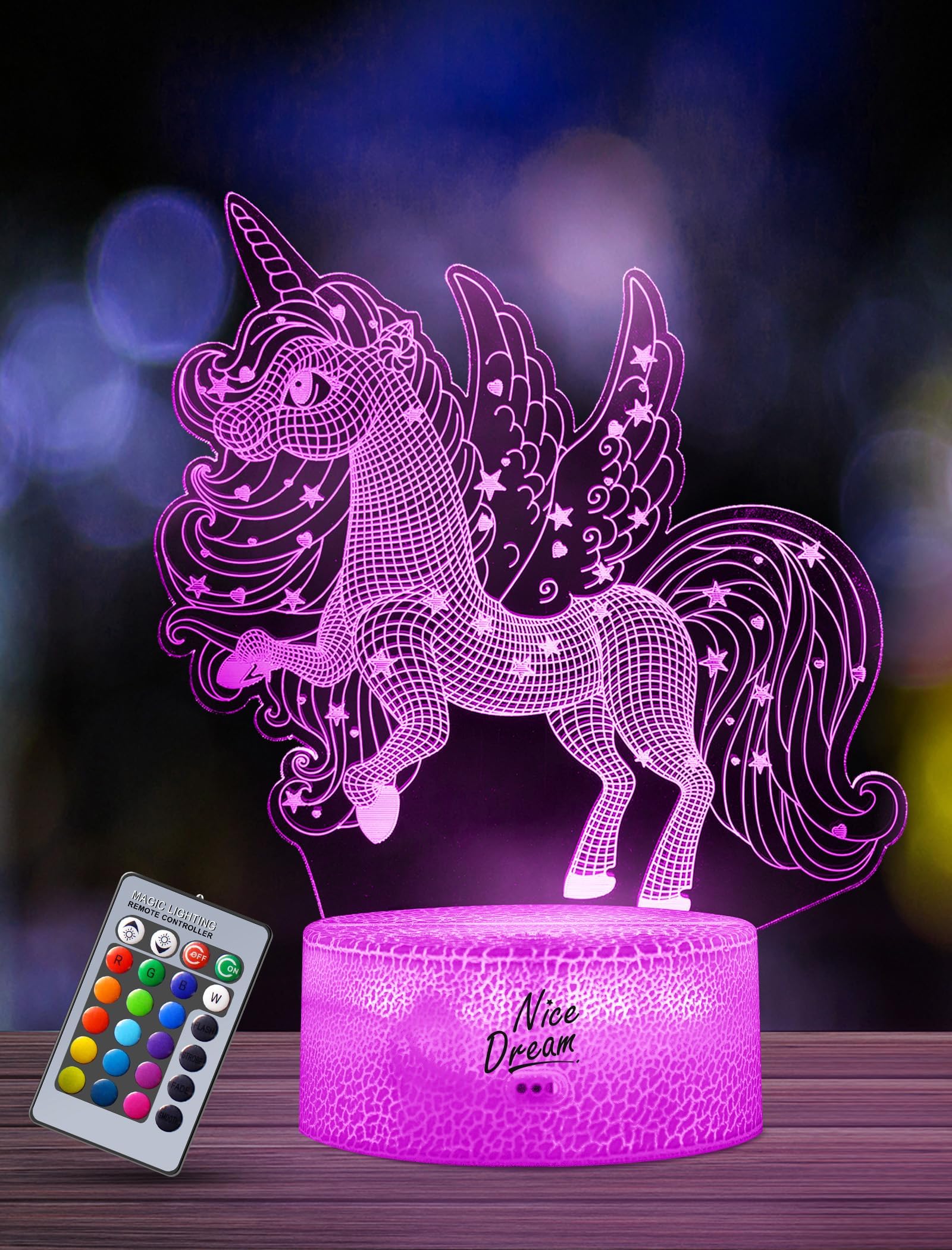 Nice Dream Unicorn Night Light for Kids, 3D Night Lamp, 16 Colors Changes with Remote Control, Room Decor, Gifts for Children Girls