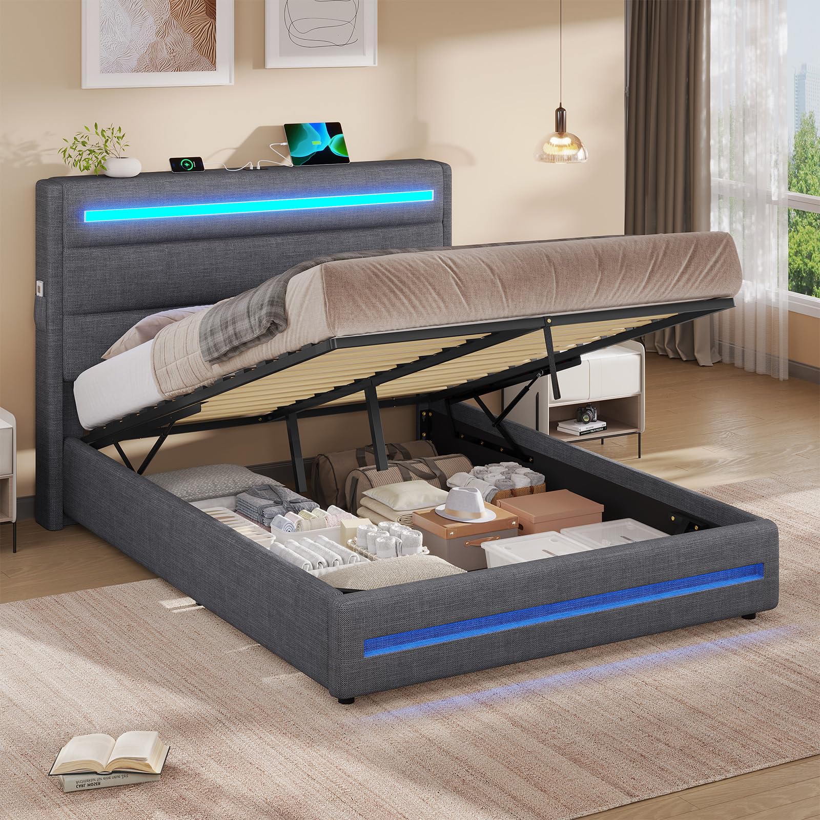 Double Bed Frame 135 x 190 cm with LED Lighting, 4ft6 Upholstered Ottoman Storage Bed With Gas End Lift & Under Hydraulic Bed Storage, Headboard with Storage and USB Type-C Charging, Linen Grey