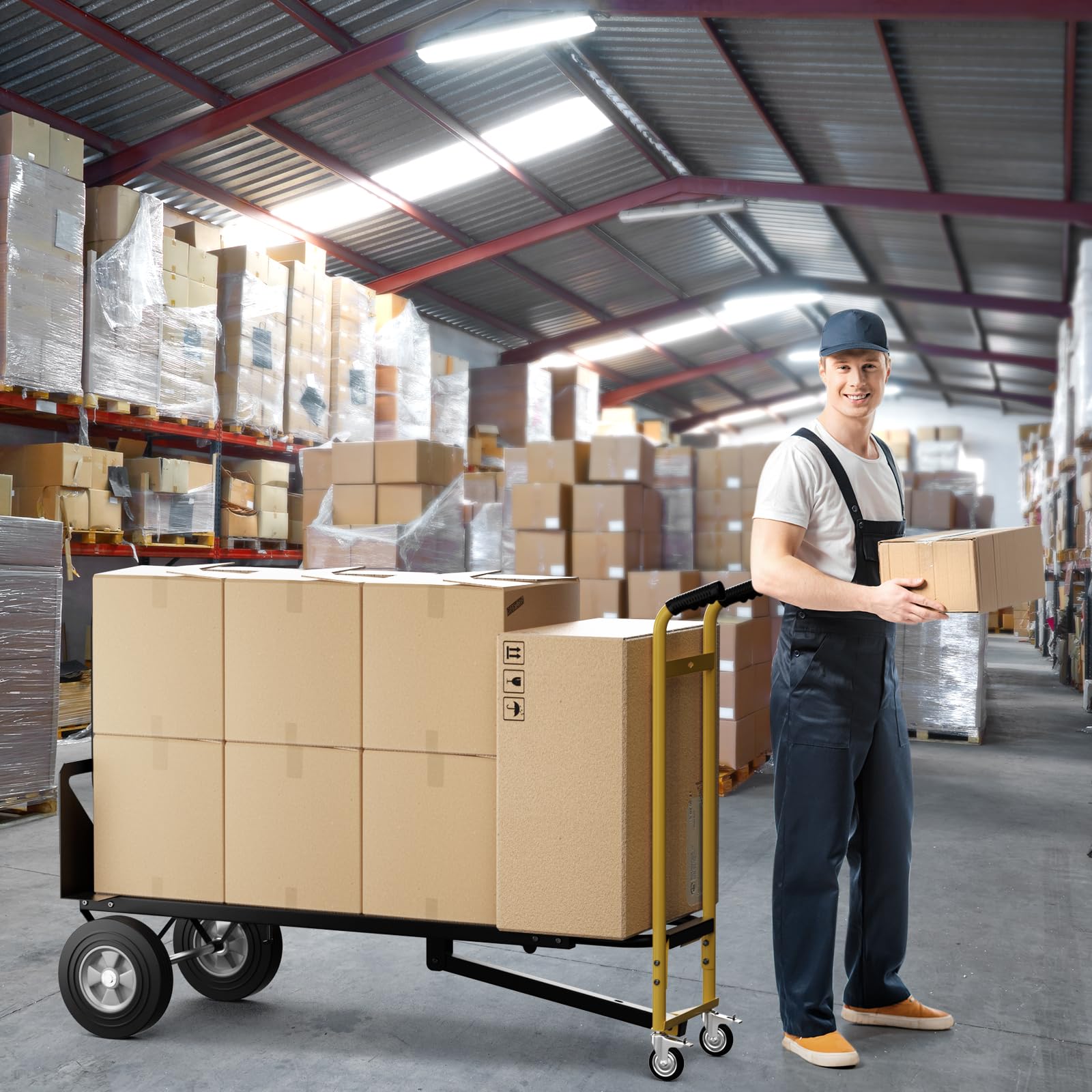 COSTWAY 3 in 1 Carrello a Mano, Carrello Portapacchi con 4 Ruote in Gomma, Carrello Pieghevole per Trasporto e Spostamento in Magazzino, Casa, Portata Massima 450 kg (Nero)