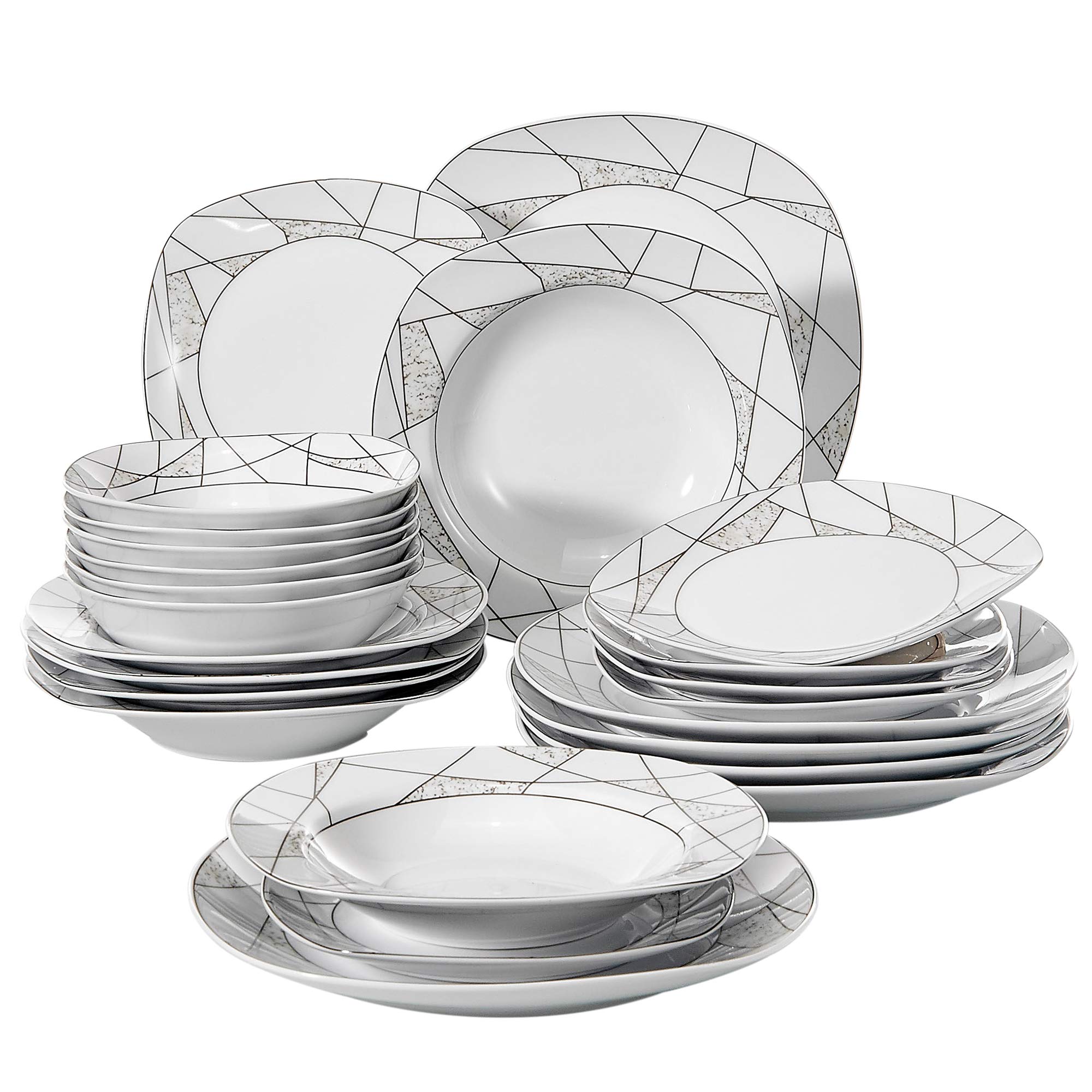 VEWEET 'Serena' 24-Piece Dinner Set Ivory White Irregular Patterns Dinner Set Porcelain Tableware Set with Bowls Dessert Plates Soup Plates Dinner Plates Service for 6