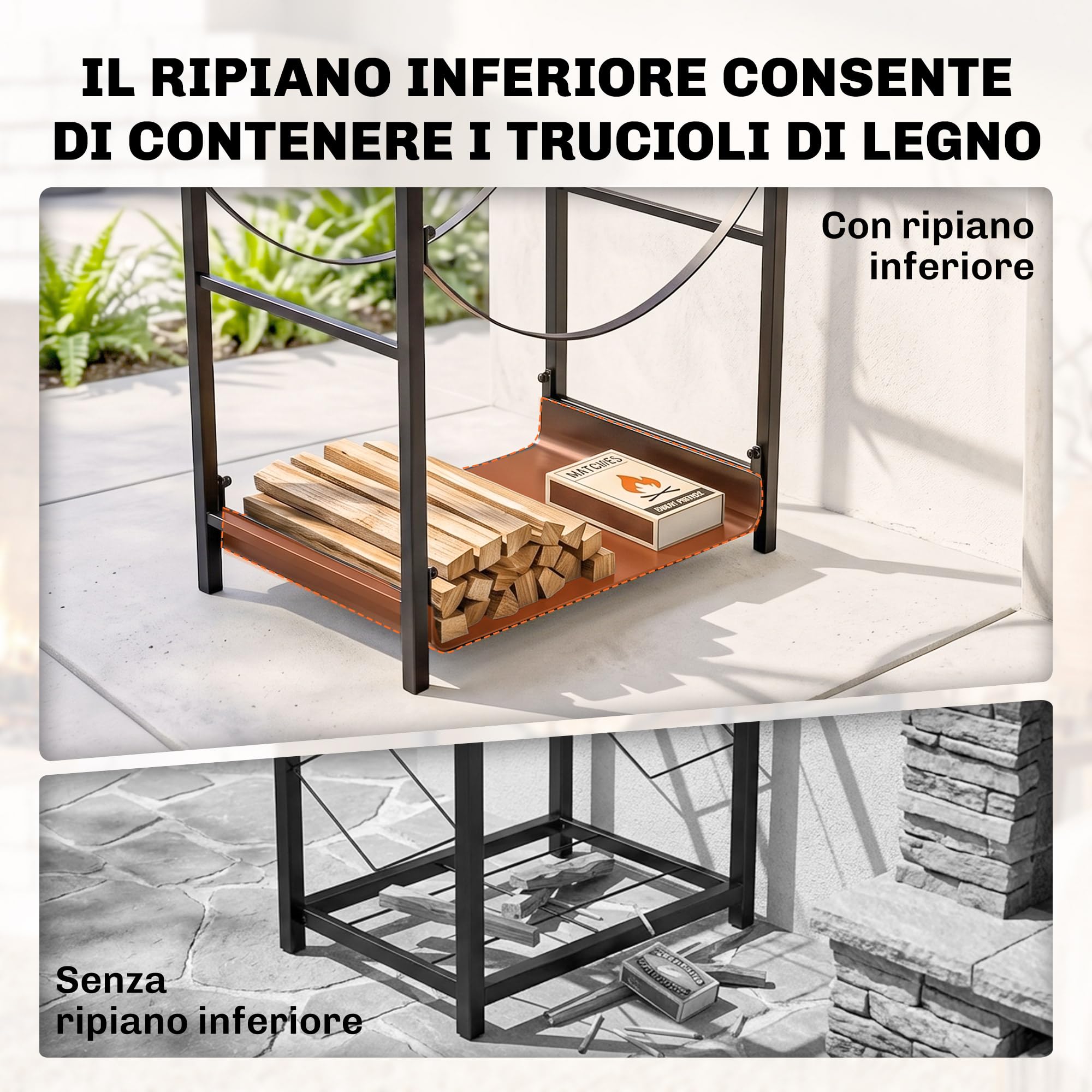 Outsunny Portalegna da Interno ed Esterno Rialzato a 2 Ripiani, Porta Legna da Ardere in Metallo con Supporti Rimovibili, Paletta, Scopa, Attizzatoio e Pinza, Capacità 70 kg, 44.5x29.5x73 cm, Nero