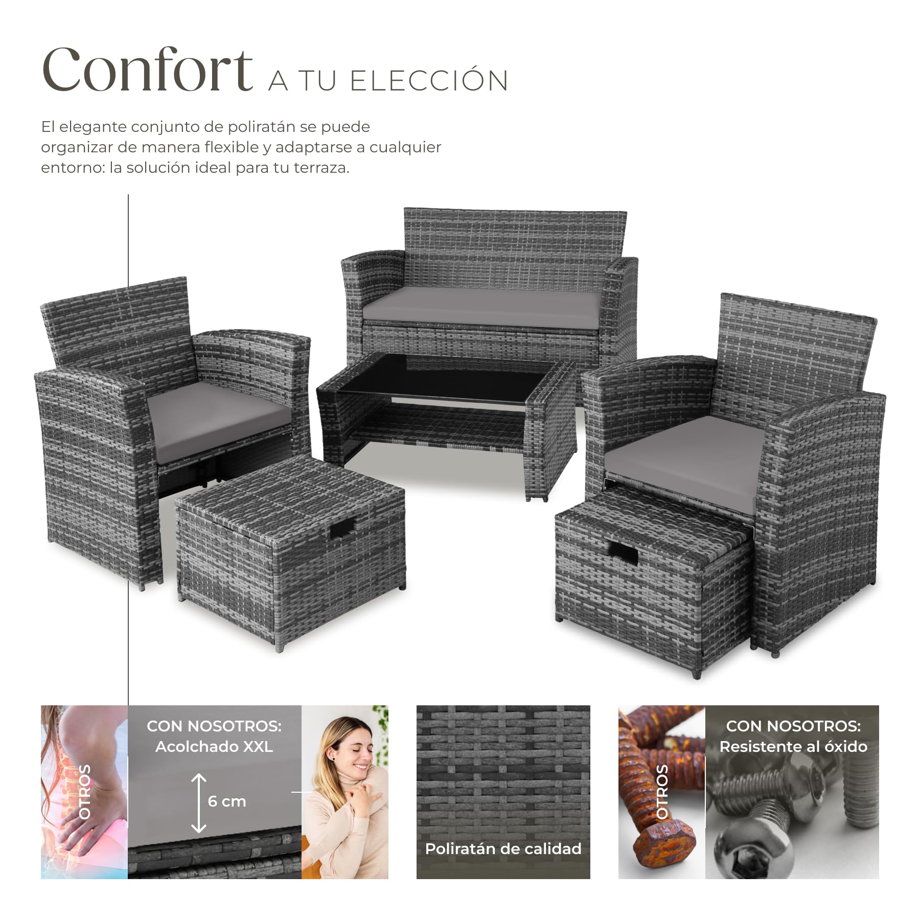tectake® Conjunto Jardín Exterior de Ratán y Acero, Diseño Arqueado, Muebles Jardín Exterior Resistente a la Intemperie, 2 Sillones, 2 Taburetes, 1 Mesa con Cristal, con Cojines y Funda - Gris