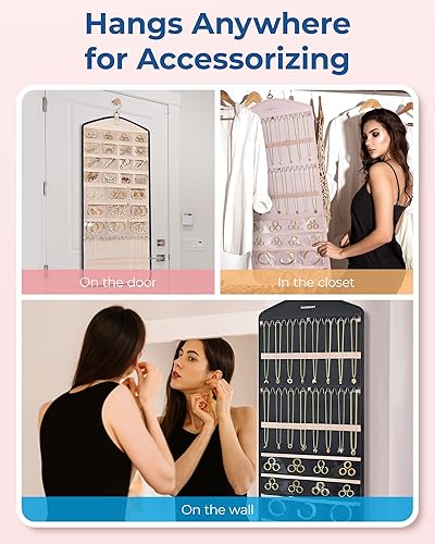 Miniatura 7 de BAGSMART Organizador de joyas colgante con ganchos de metal, soporte de joyería de doble cara para organizar aretes, collares, anillos, perfecto