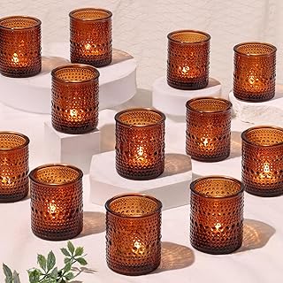 30 Pcs Amber Votive Candle Holders, Amber Glass Candle Holder with Polka Dot Embossed, Vintage Votive Candle Holders for Weddings, Home Decor, Baby Shower, Special Occasions