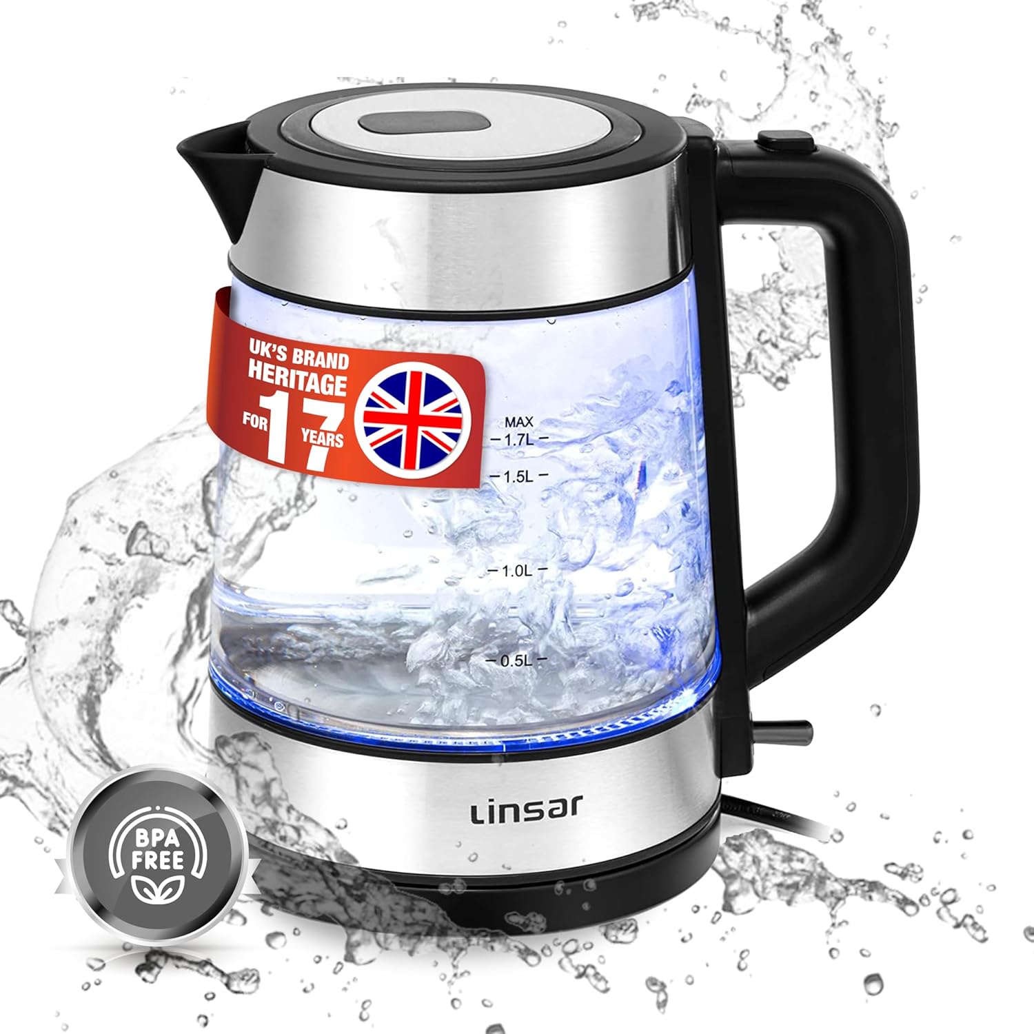 Linsar Electric Glass Kettle 1.7L with Blue LED With Removable