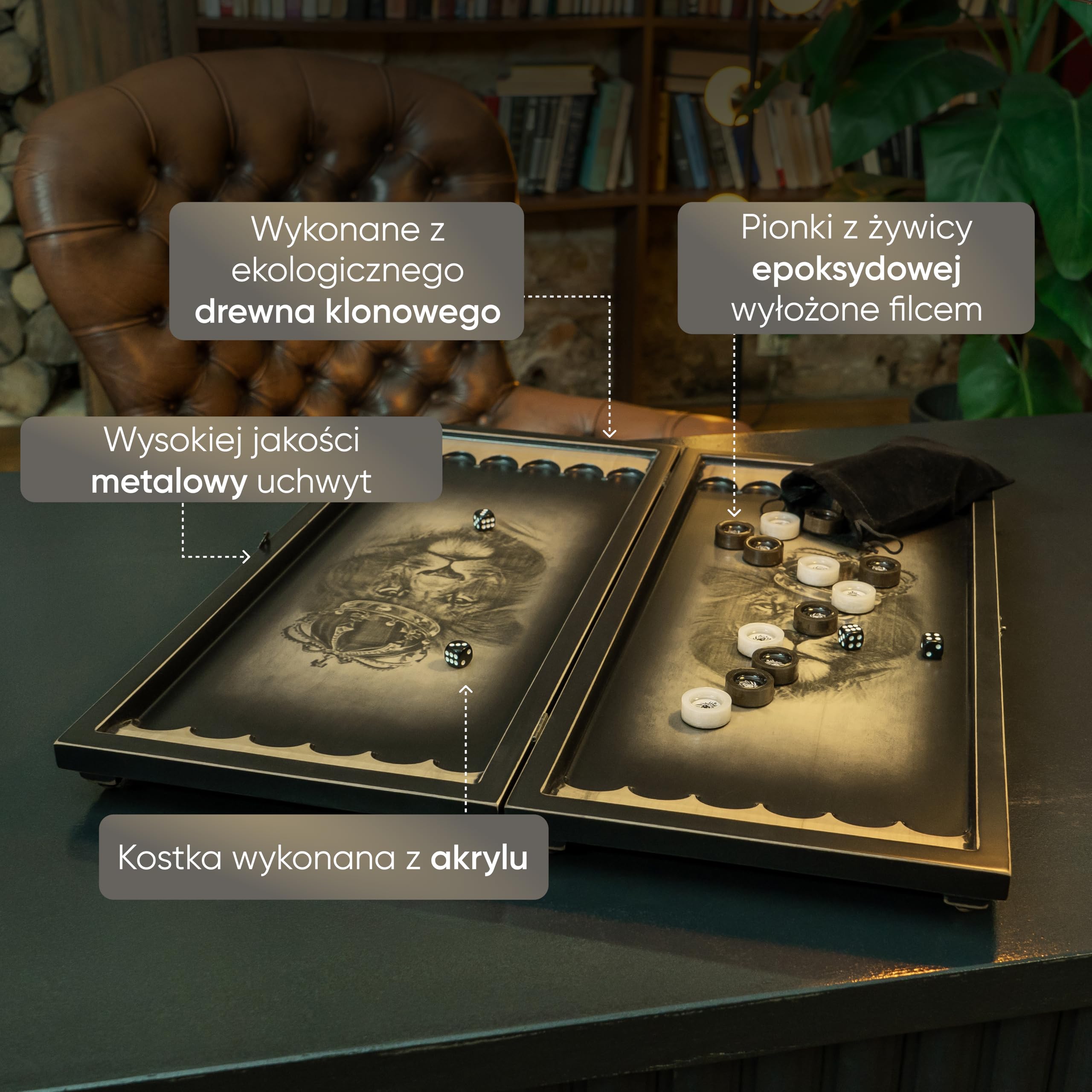 Premium Backgammon drewniany z wzorem lwa i kamieniami do zabawy z żywicy epoksydowej, ręcznie wykonana gra w backgammon, wysokiej jakości walizka z drewna z kamieniami do zabawy